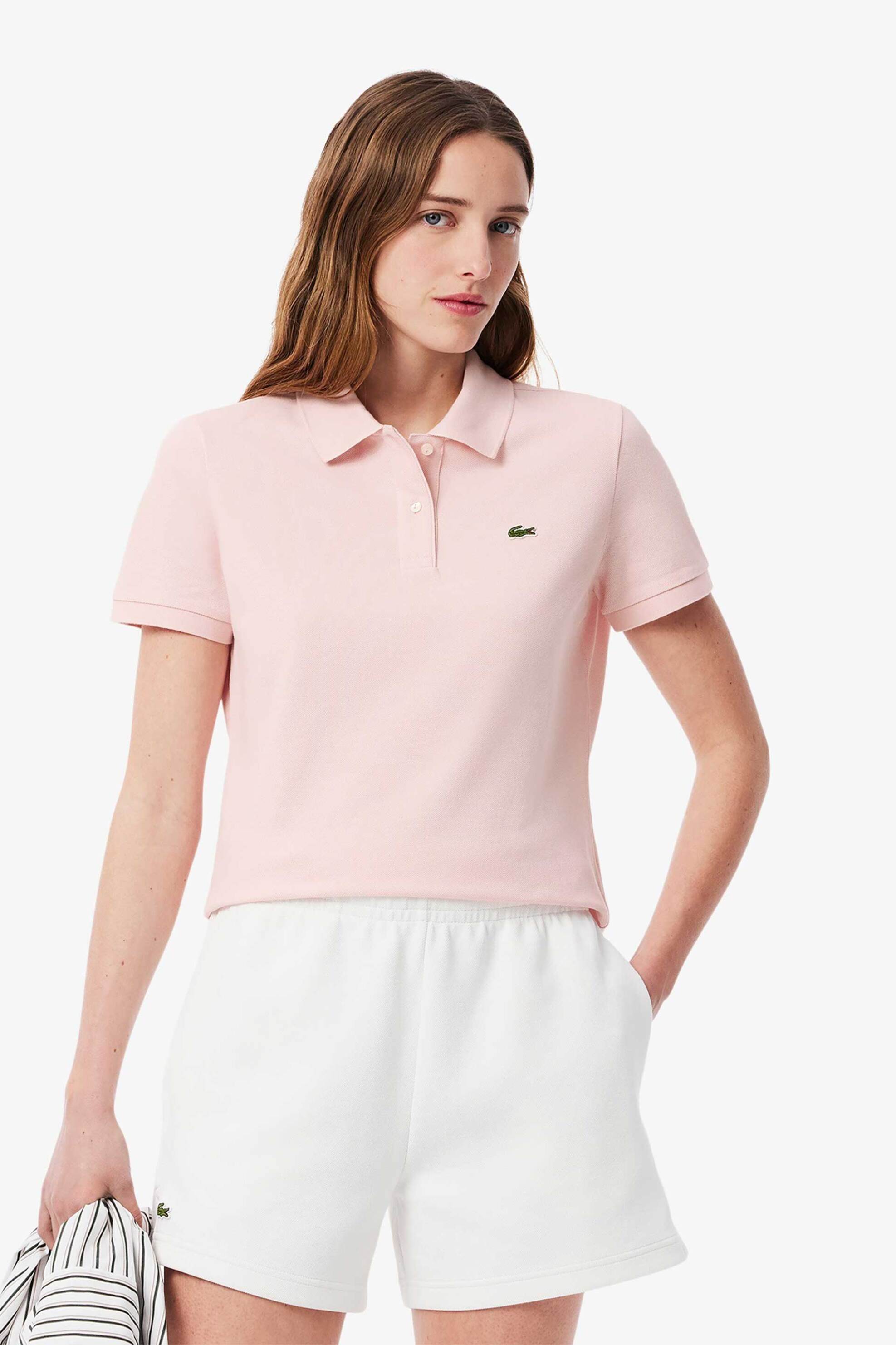 LACOSTE Lacoste γυναικεία μπλούζα πόλο πικέ κοντομάνικη με κεντημένο λογότυπο Regular Fit - PF7839 Ροζ Ανοιχτό