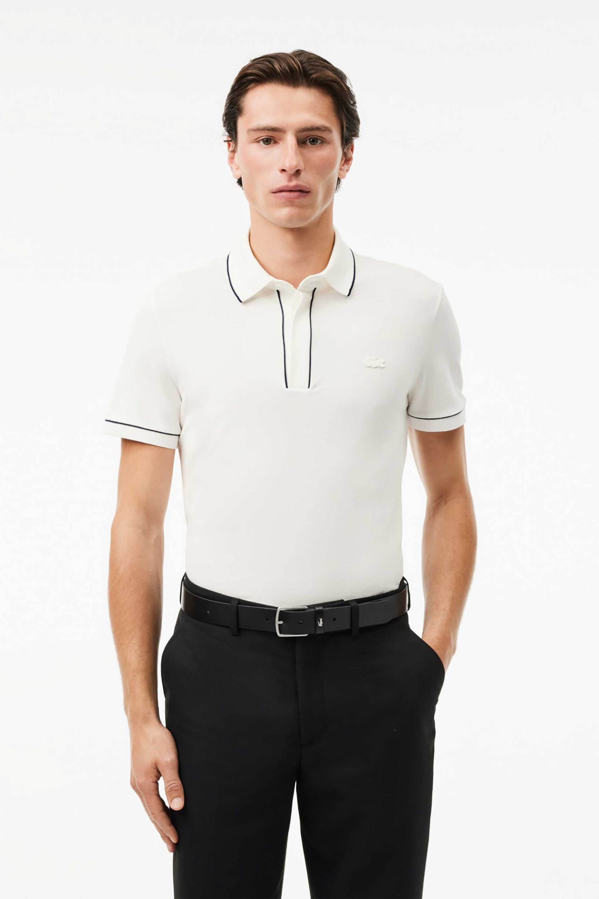 Lacoste ανδρική μπλούζα πόλο πικέ με κεντημένο λογότυπο και contrast trims Regular Fit "Smart Paris Stretch" - PH8184 Υπόλευκο