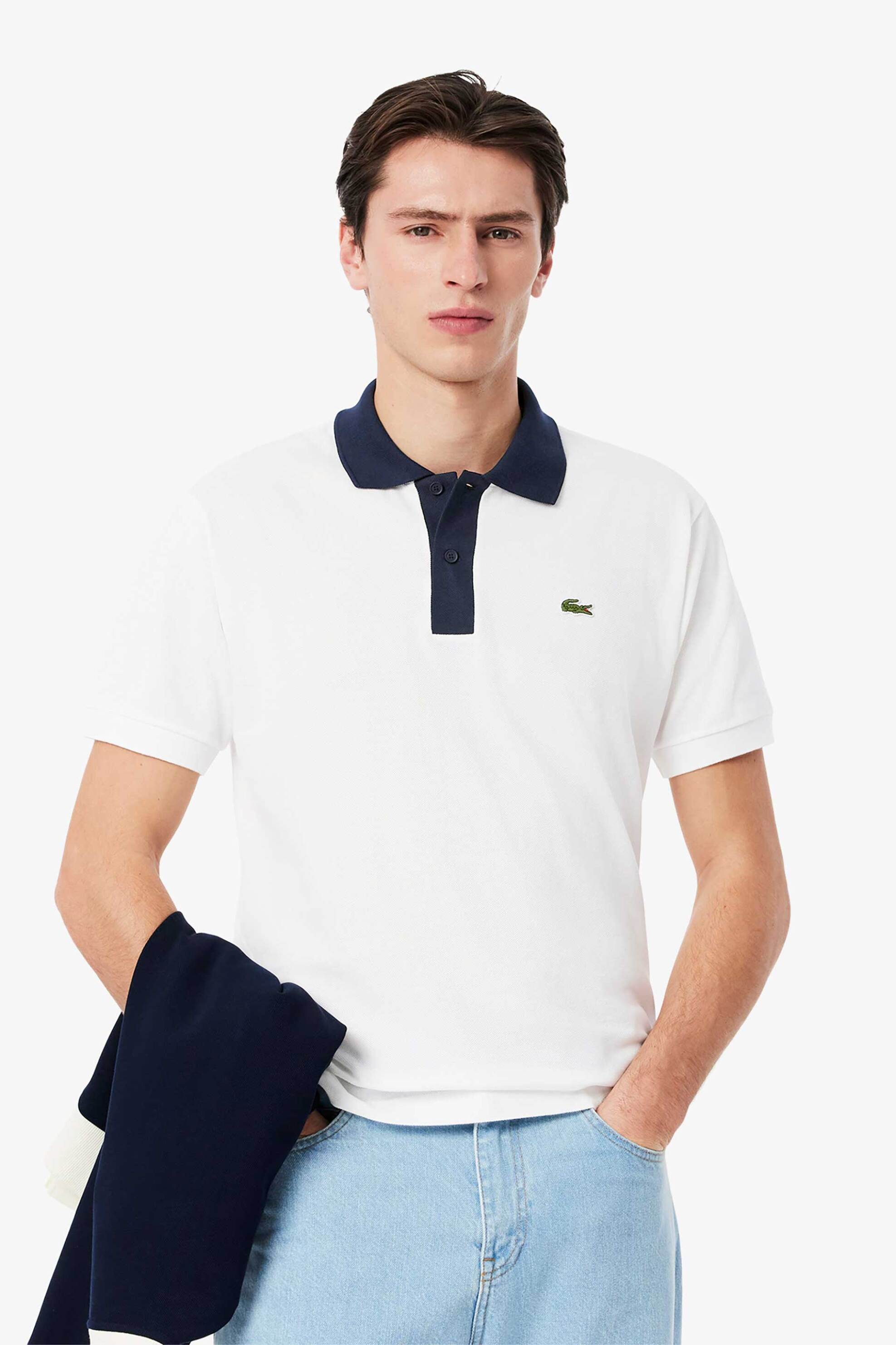 Lacoste ανδρική μπλούζα πόλο πικέ κοντομάνικη με contrast γιακά και κεντημένο λογότυπο Classic Fit - PH9879-00 Λευκό