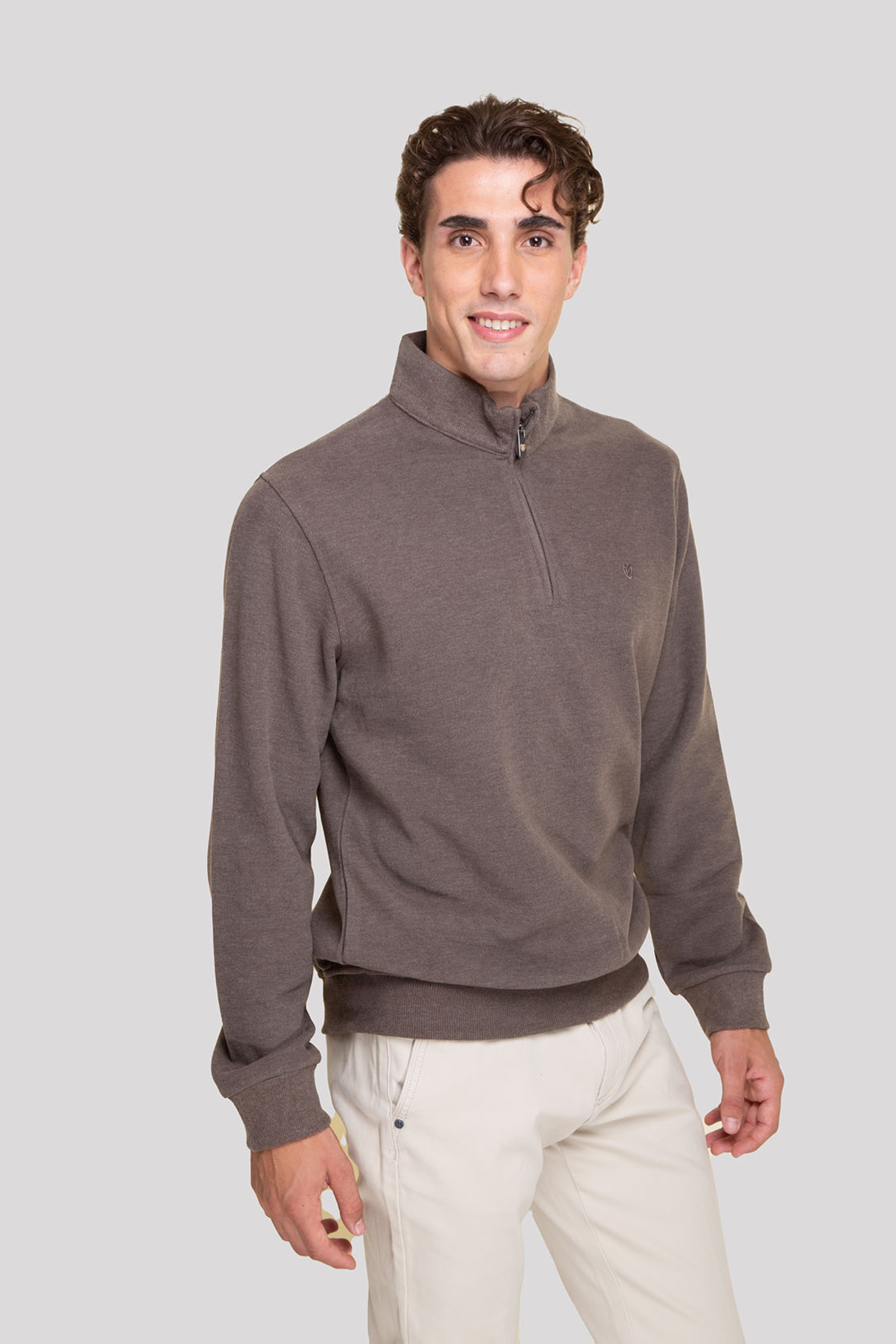 The Bostonians ανδρική μπλούζα φούτερ με κεντημένο λογότυπο και ψηλό λαιμό με 1/2 φερμουάρ Regular Fit - RO1000 Καφέ Ανοιχτό φωτογραφία