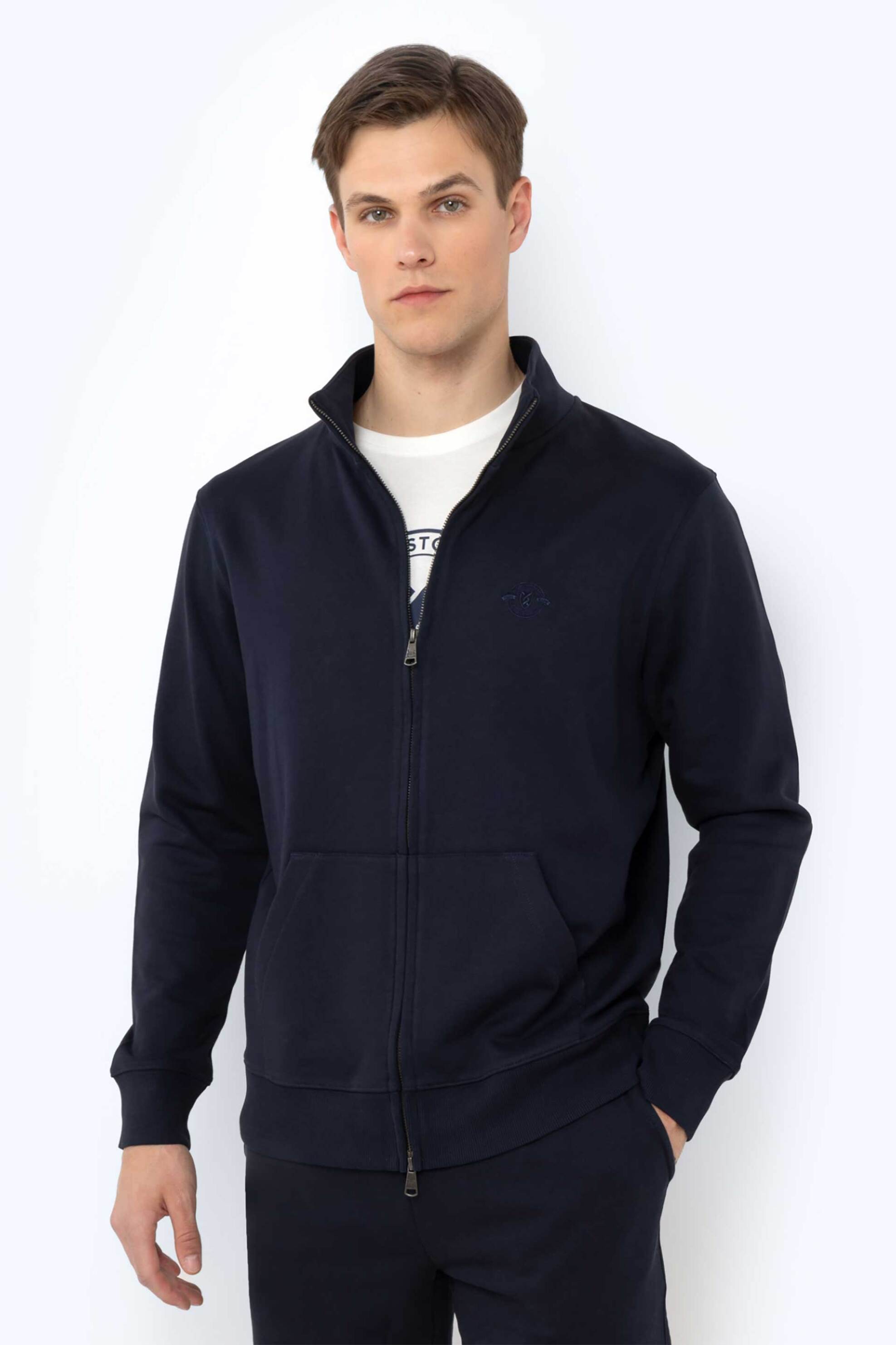 The Bostonians ανδρική ζακέτα φούτερ με ψηλό λαιμό και λογότυπο Regular Fit - RO1004 Μπλε Σκούρο