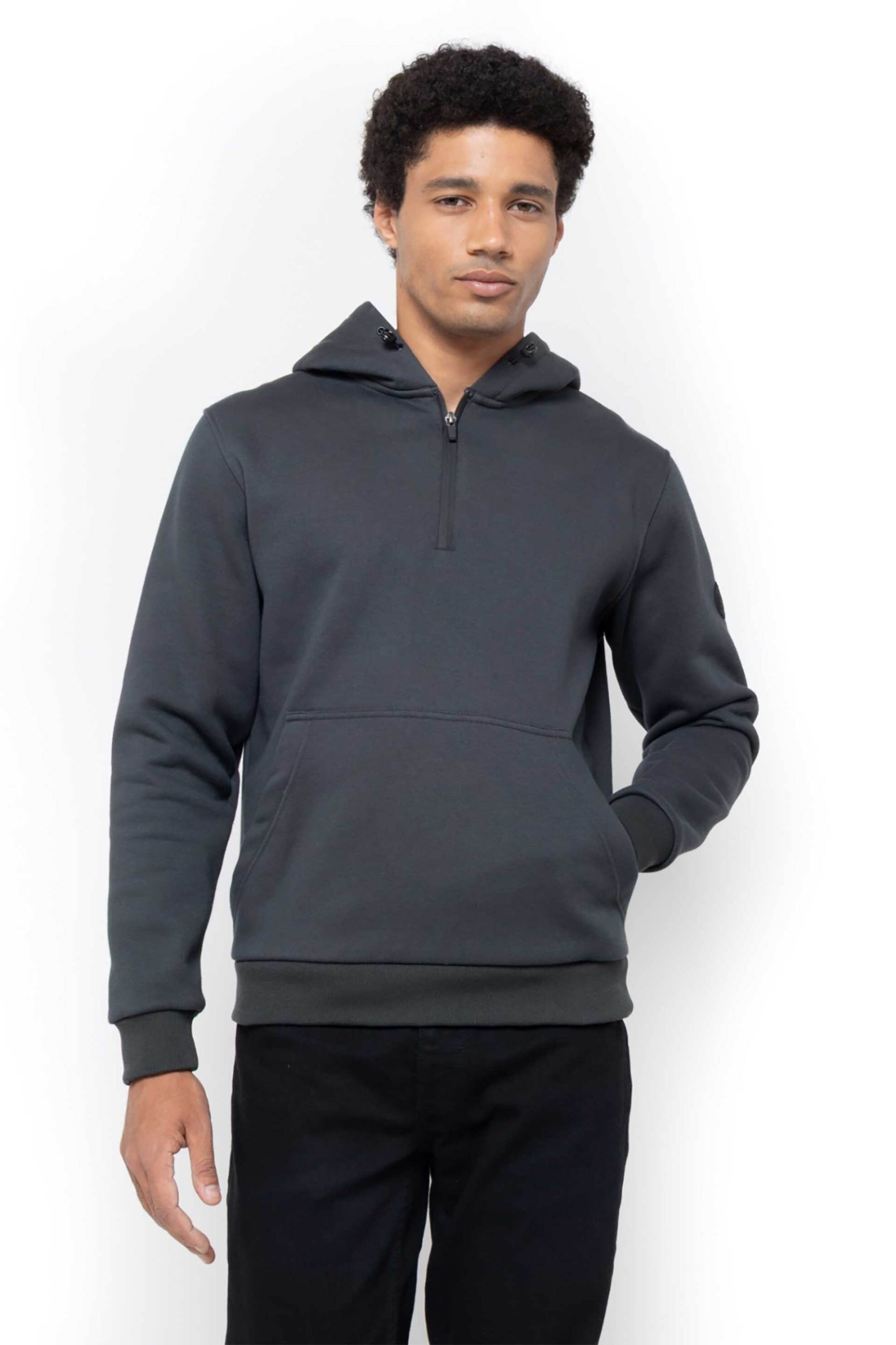 THE BOSTONIANS The Bostonians ανδρική μπλούζα φούτερ με κουκούλα και logo patch Regular Fit - RO1007 Γκρι Σκούρο