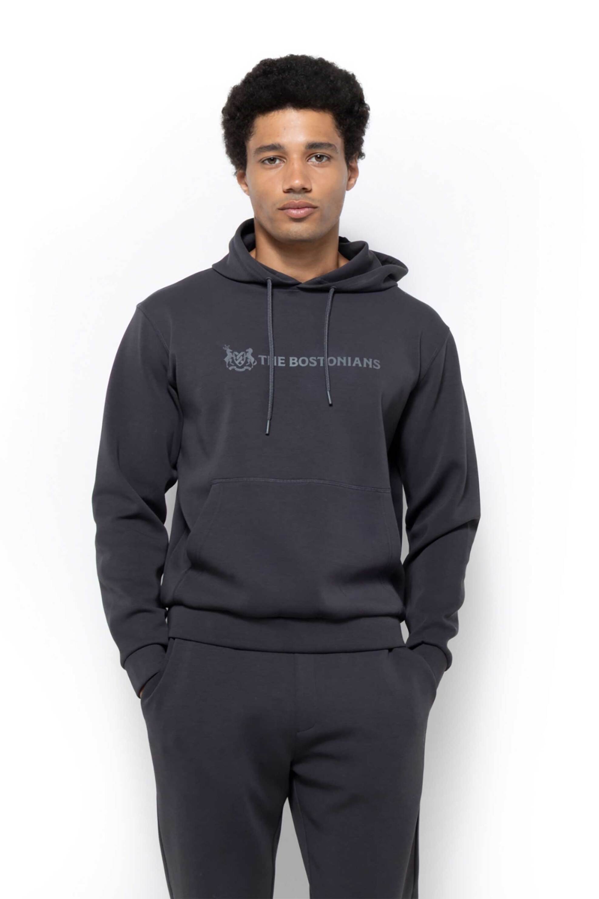 THE BOSTONIANS The Bostonians ανδρική μπλούζα φούτερ με κουκούλα και logo print Regular Fit - RO1011 Ανθρακί