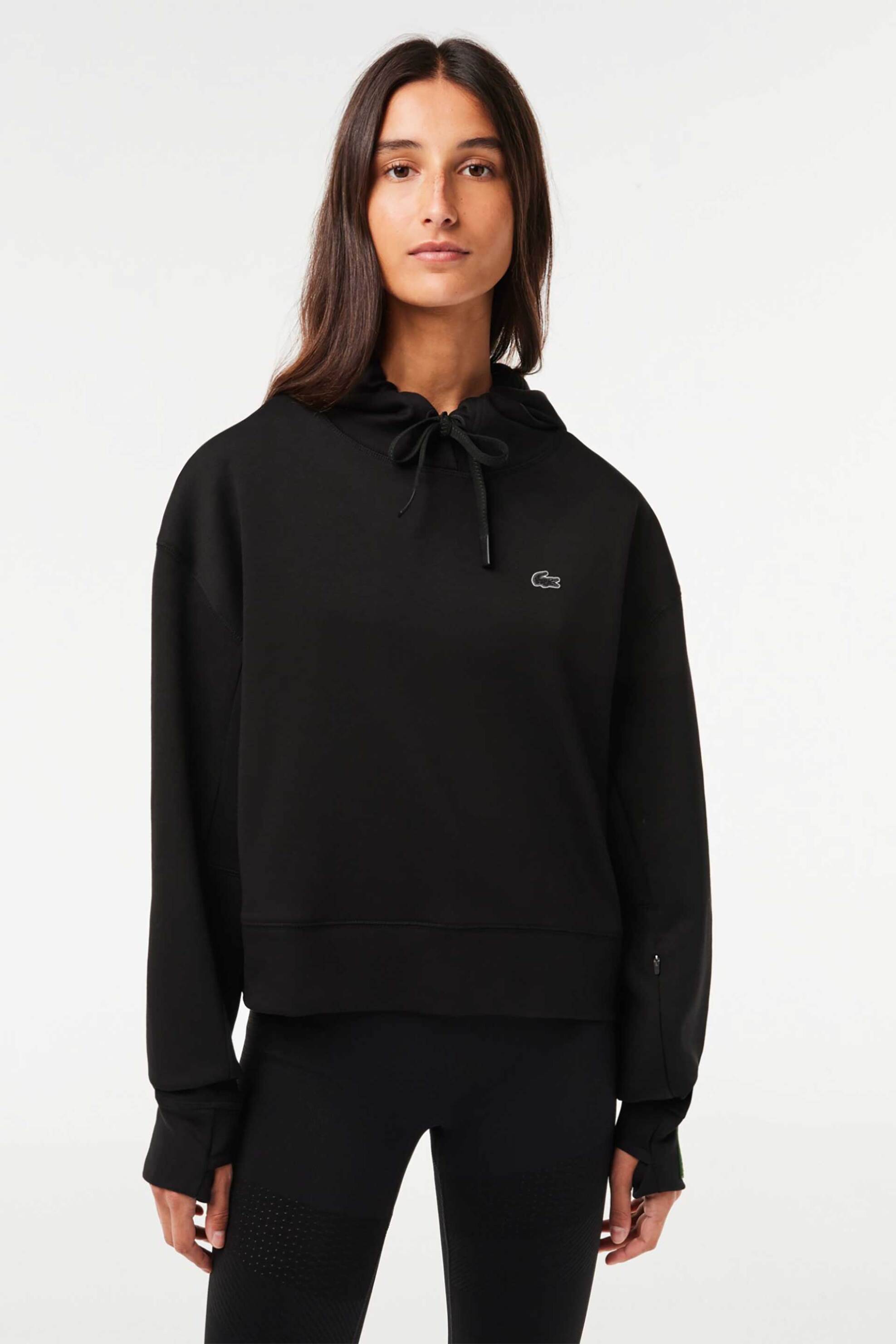 LACOSTE Lacoste γυναικεία μπλούζα φούτερ με κουκούλα και τσέπη στο μανίκι - SF0281 Μαύρο
