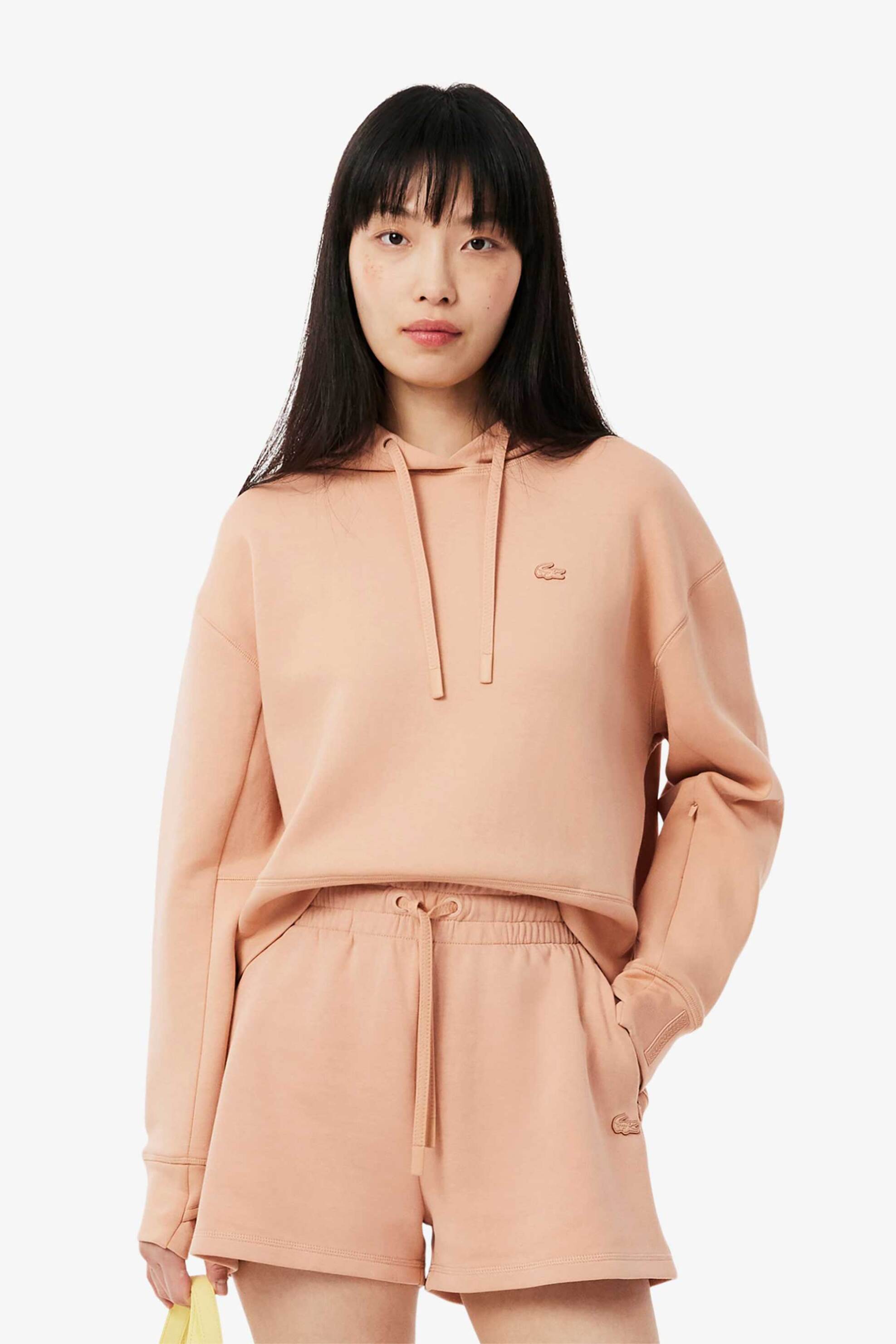 LACOSTE Lacoste γυναικεία μπλούζα φούτερ με κουκούλα και τσέπη στο μανίκι - SF0281 Καφέ Latte
