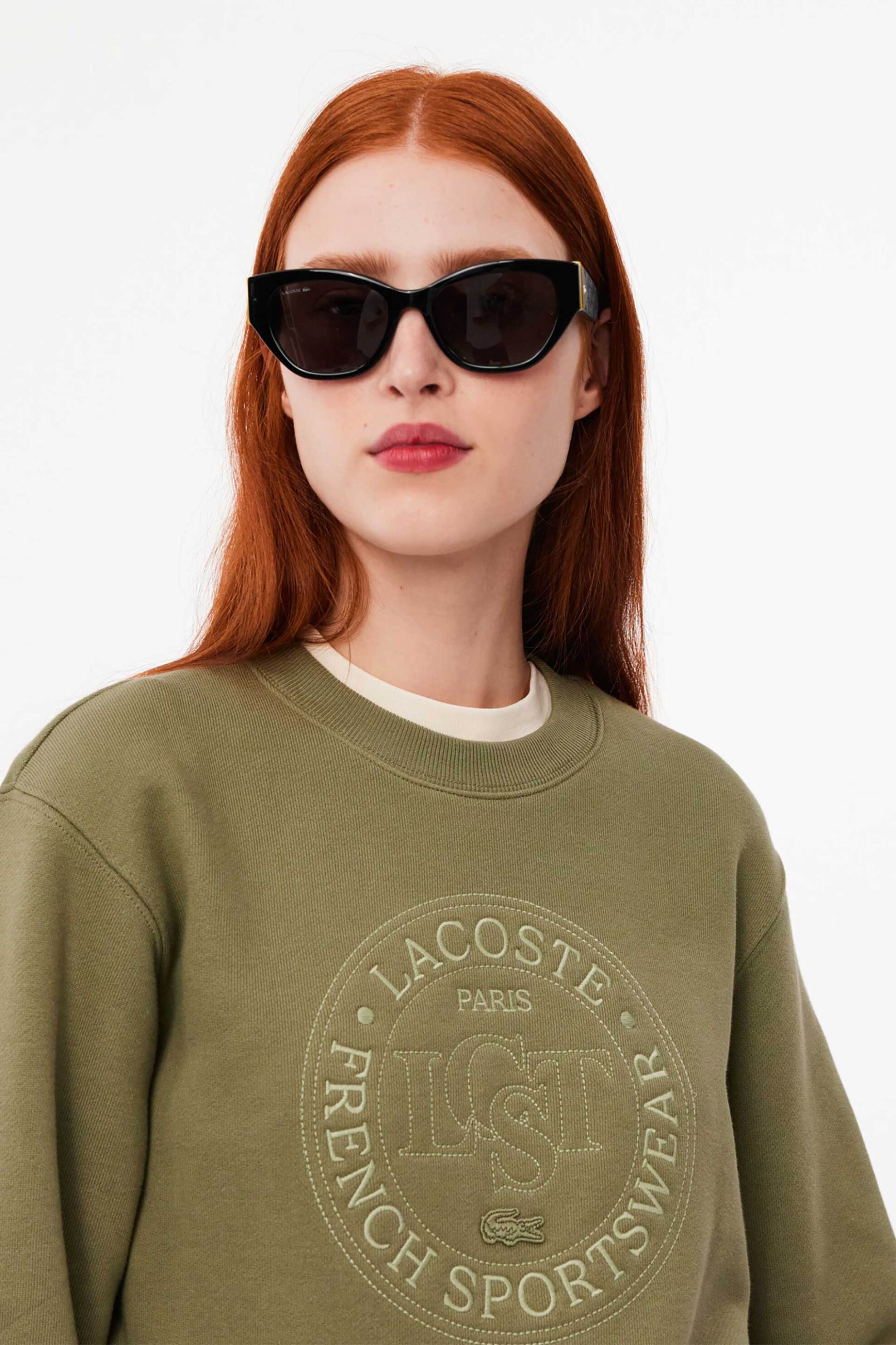 Lacoste γυναικεία μπλούζα φούτερ με κεντημένο lettering Relaxed Fit - SF2565-00 Λαδί φωτογραφία