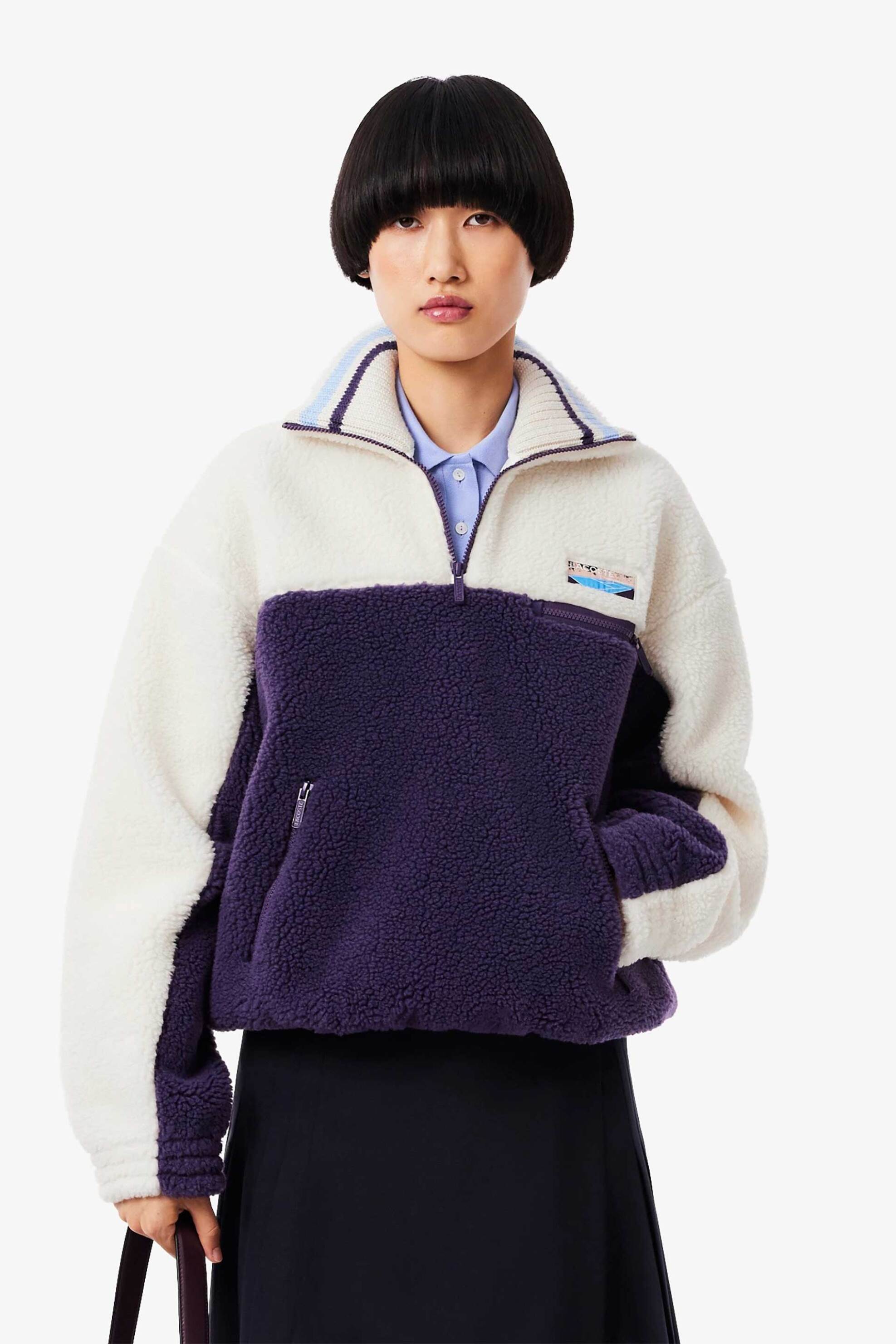 Lacoste γυναικεία μπουκλέ μπλούζα φούτερ με διχρωμία και λογότυπο Oversized Fit - SF5266-00 Μοβ