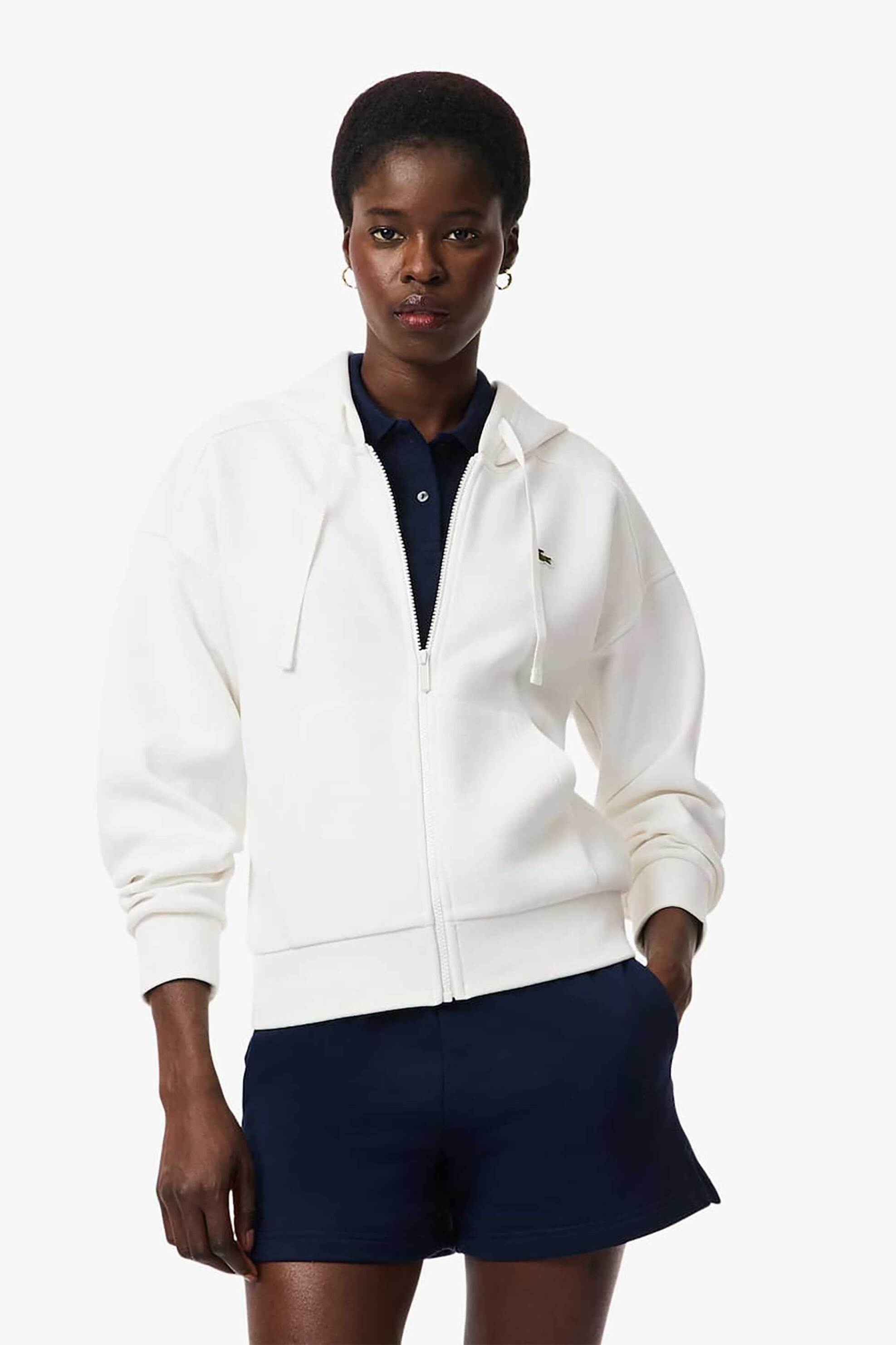 LACOSTE Lacoste γυναικεία ζακέτα φούτερ πικέ με κουκούλα και κεντημένο λογότυπο Regular Fit - SF5272-00 Λευκό