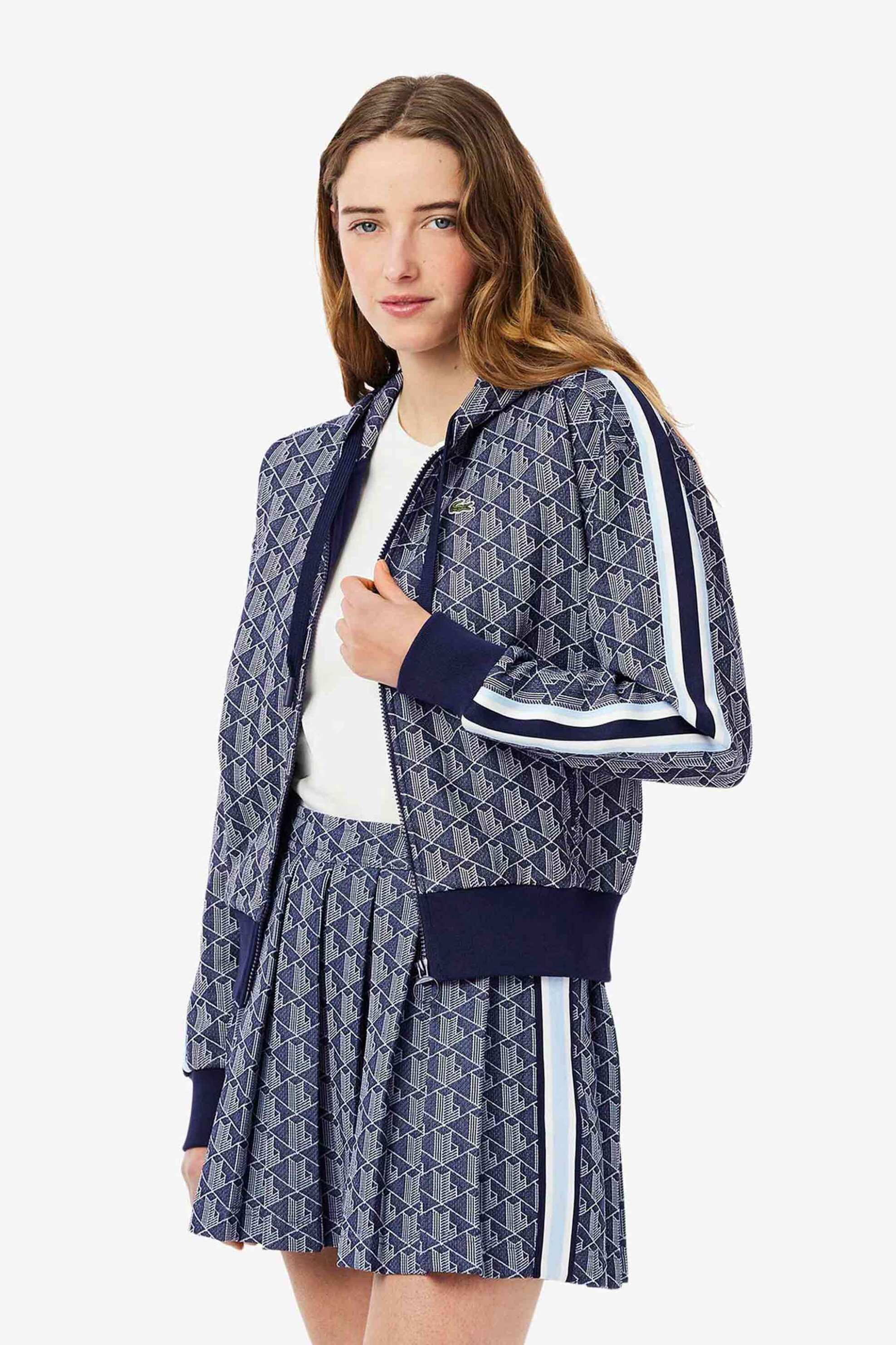 Lacoste γυναικεία ζακέτα φούτερ με κουκούλα και all-over monogram print Regular Fit - SF7606 Μπλε Σκούρο