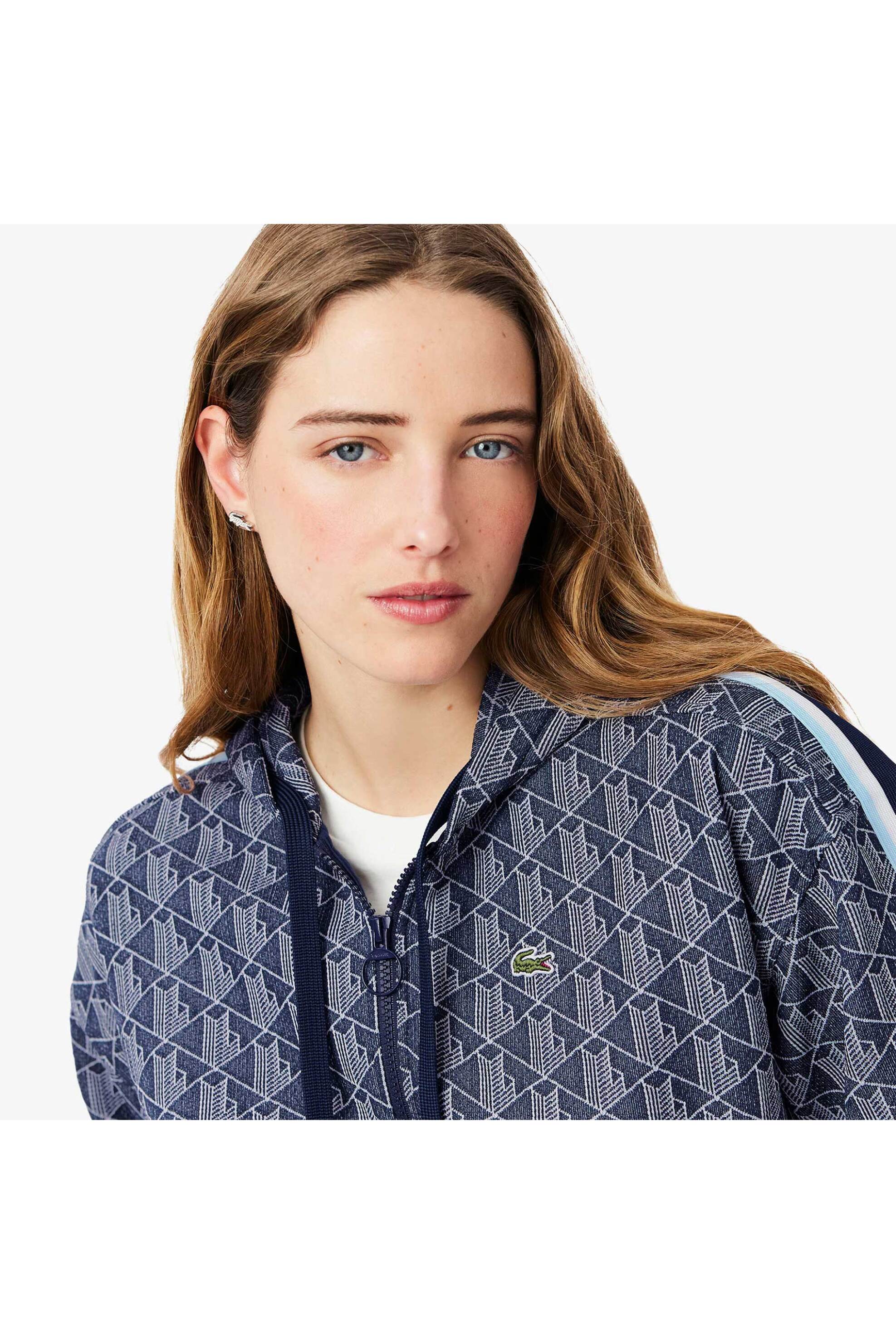 Lacoste γυναικεία ζακέτα φούτερ με κουκούλα και all-over monogram print Regular Fit - SF7606 Μπλε Σκούρο