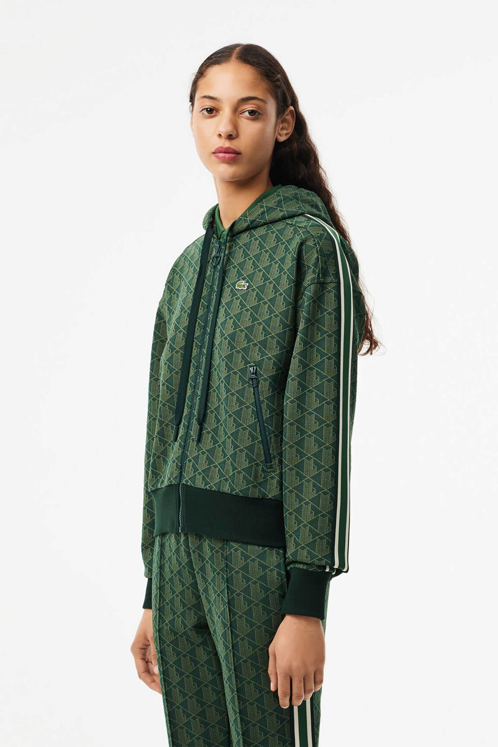 Lacoste γυναικεία ζακέτα φούτερ με κουκούλα και all-over monogram print Regular Fit - SF7606 Πράσινο Σκούρο