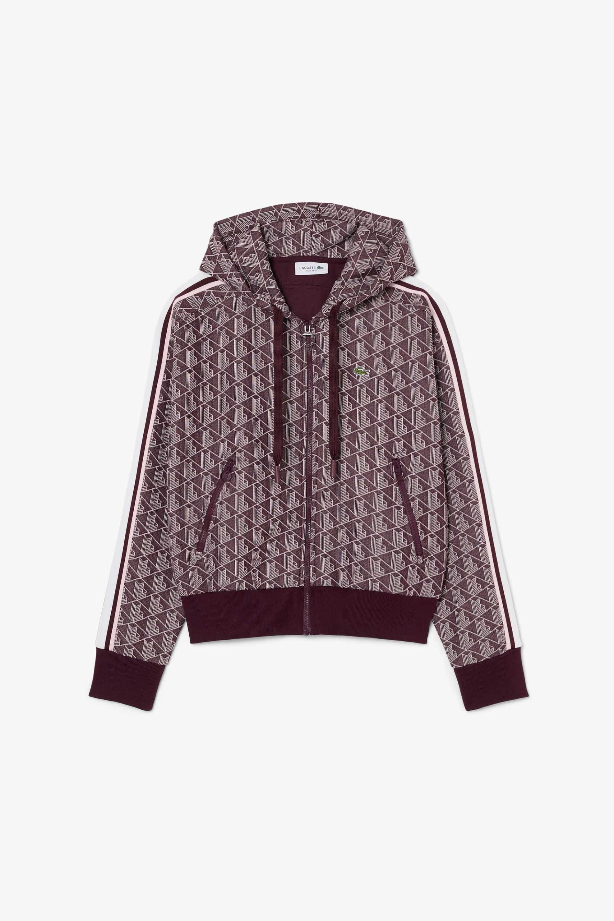 Lacoste γυναικεία ζακέτα φούτερ με κουκούλα και all-over monogram print Regular Fit - SF7606 Μπορντό