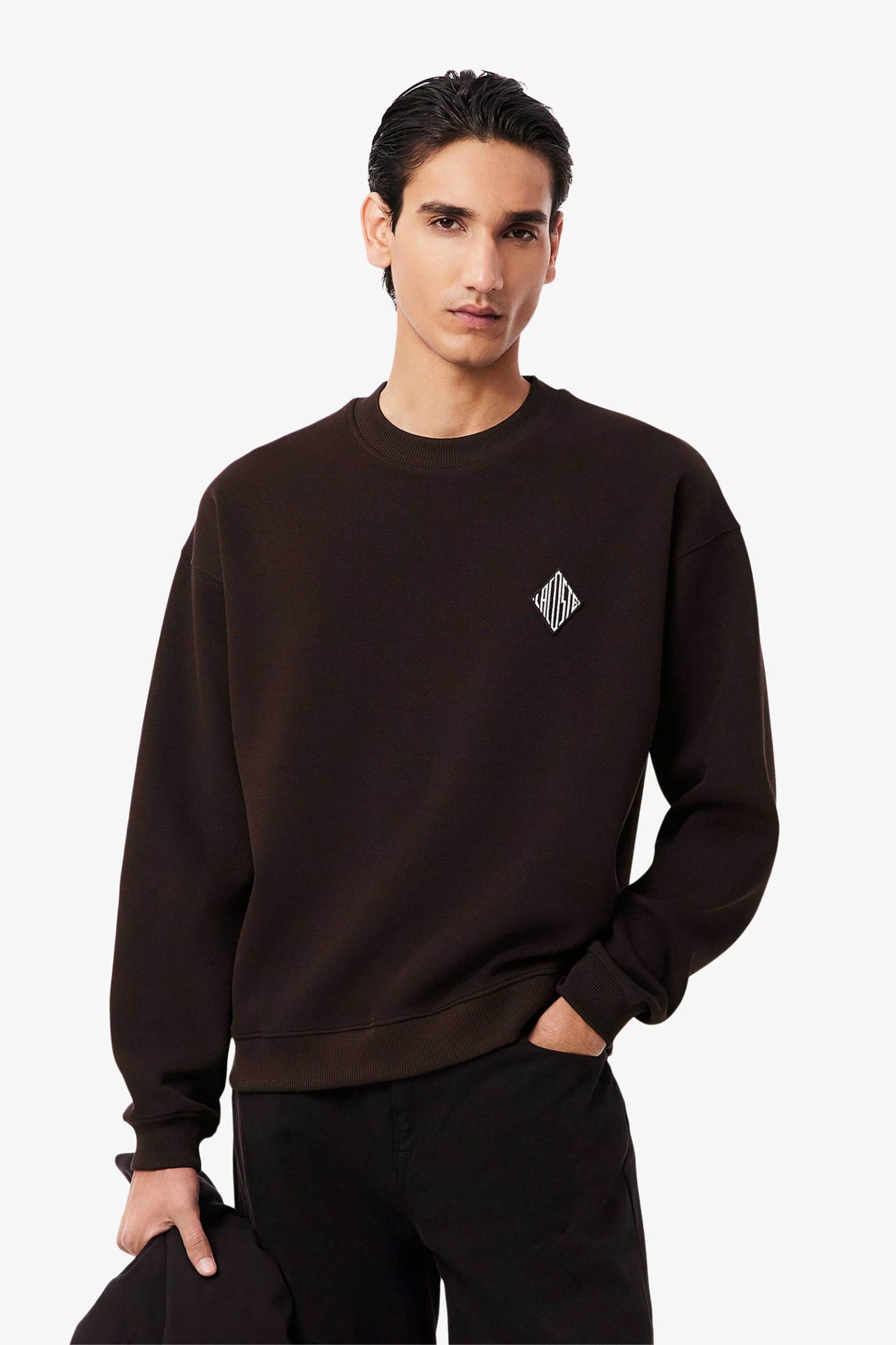 Lacoste ανδρική μπλούζα φούτερ πικέ με κεντημένο retro logo Loose Fit - SH0035-00 Καφέ Σκούρο