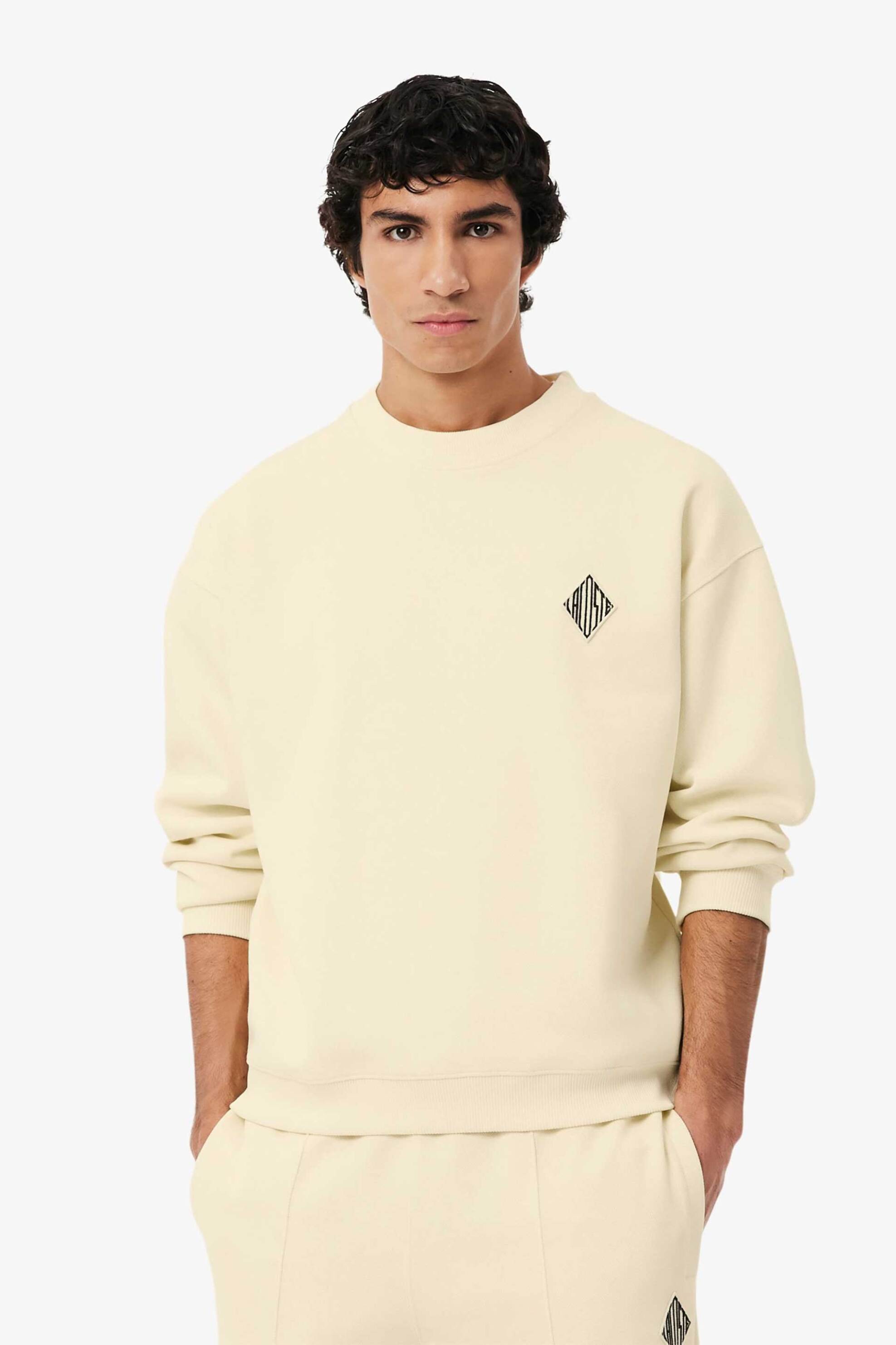 Lacoste ανδρική μπλούζα φούτερ πικέ με κεντημένο retro logo Loose Fit - SH0035-00 Κρέμ