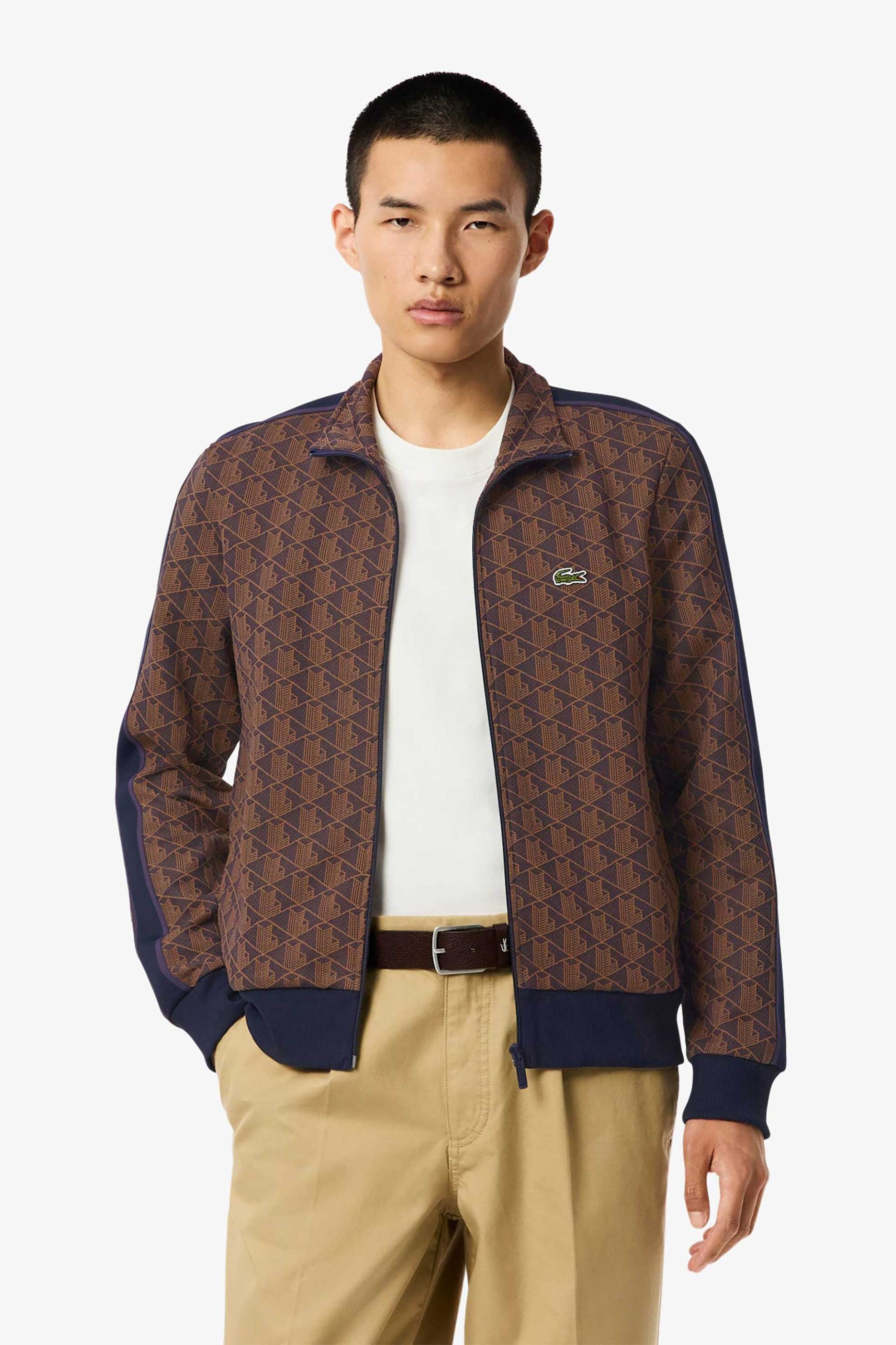 Lacoste ανδρική ζακέτα φούτερ με all-over monogram print Regular Fit - SH1368 Καφέ