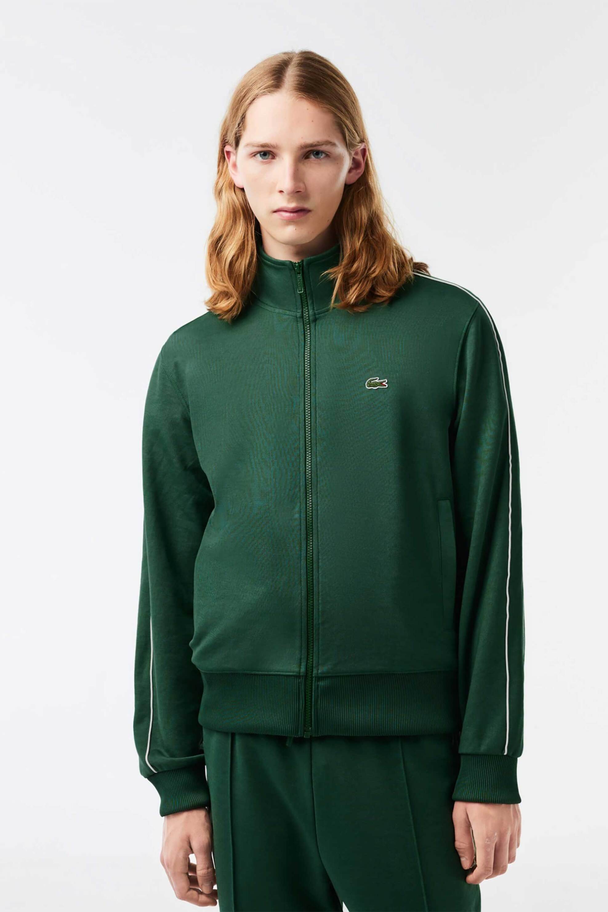 Lacoste ανδρική ζακέτα πικέ με ψηλό λαιμό και κεντημένο λογότυπο Regular Fit - SH1457 Πράσινο Σκούρο