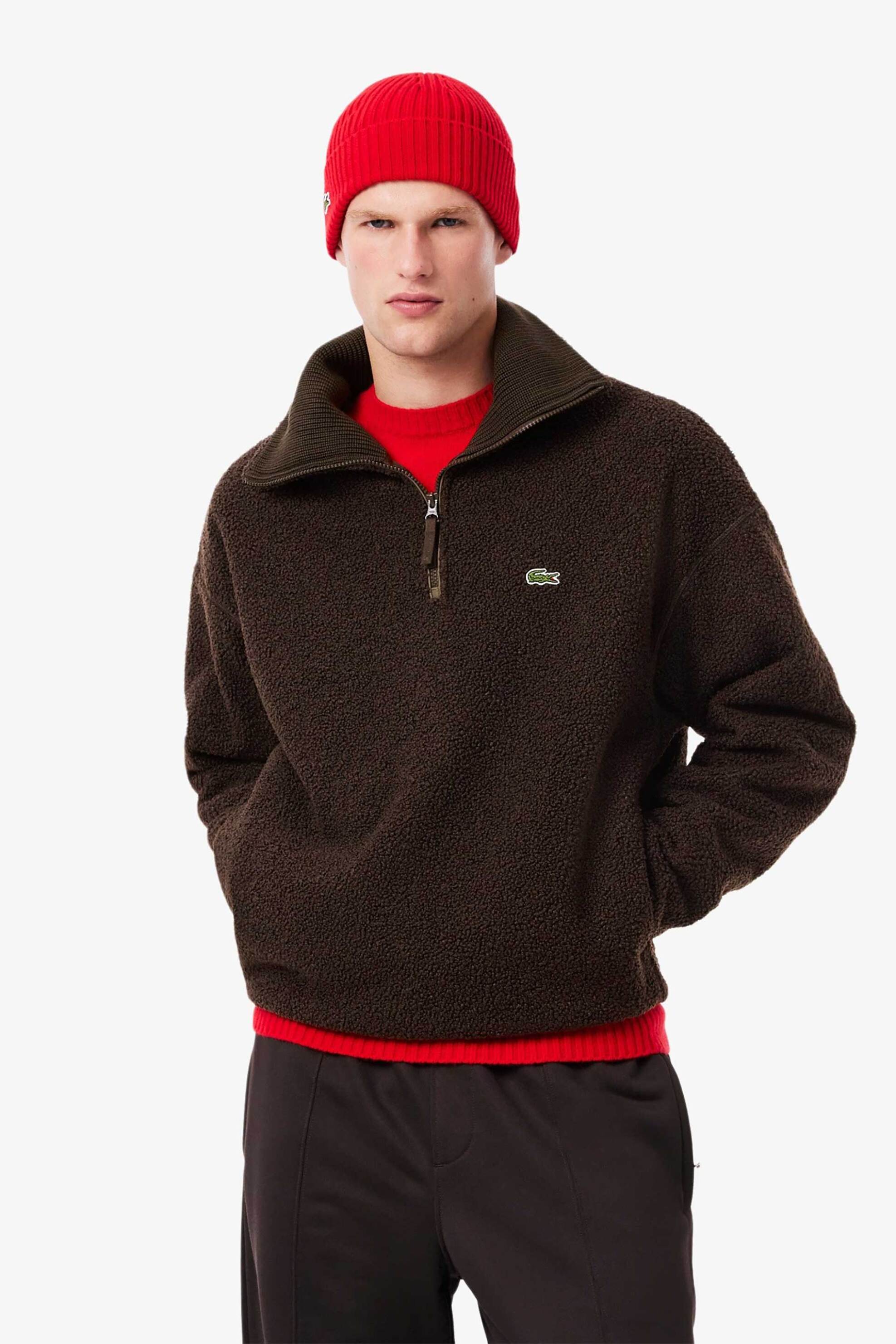 Lacoste ανδρική μπουκλέ μπλούζα φούτερ με ψηλό λαιμό και κεντημένο λογότυπο Loose Fit - SH5500-00 Καφέ Σκούρο