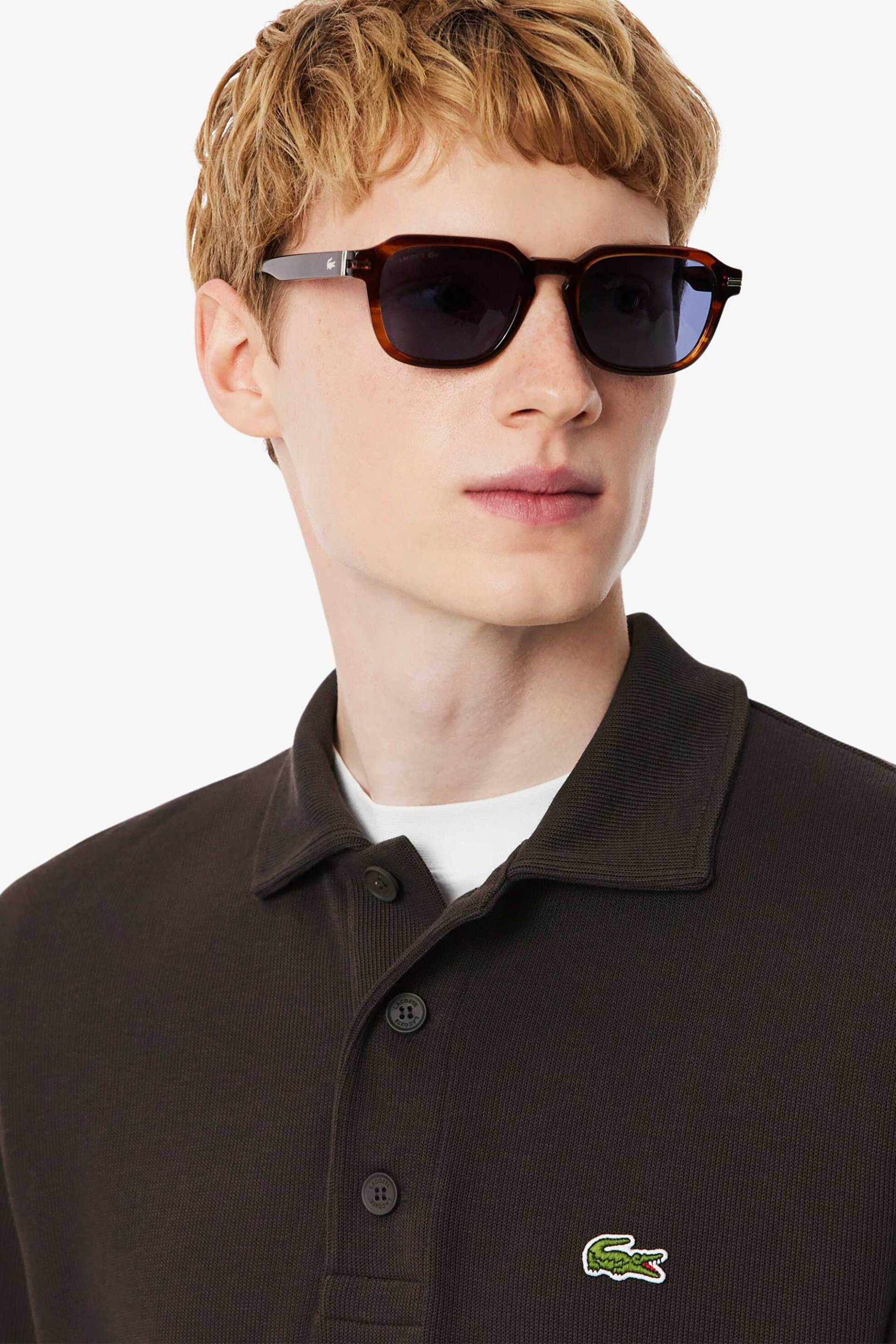 Lacoste ανδρική μπλούζα πόλο ribbed με κεντημένο λογότυπο Classic Fit - SH5781-00 Καφέ φωτογραφία