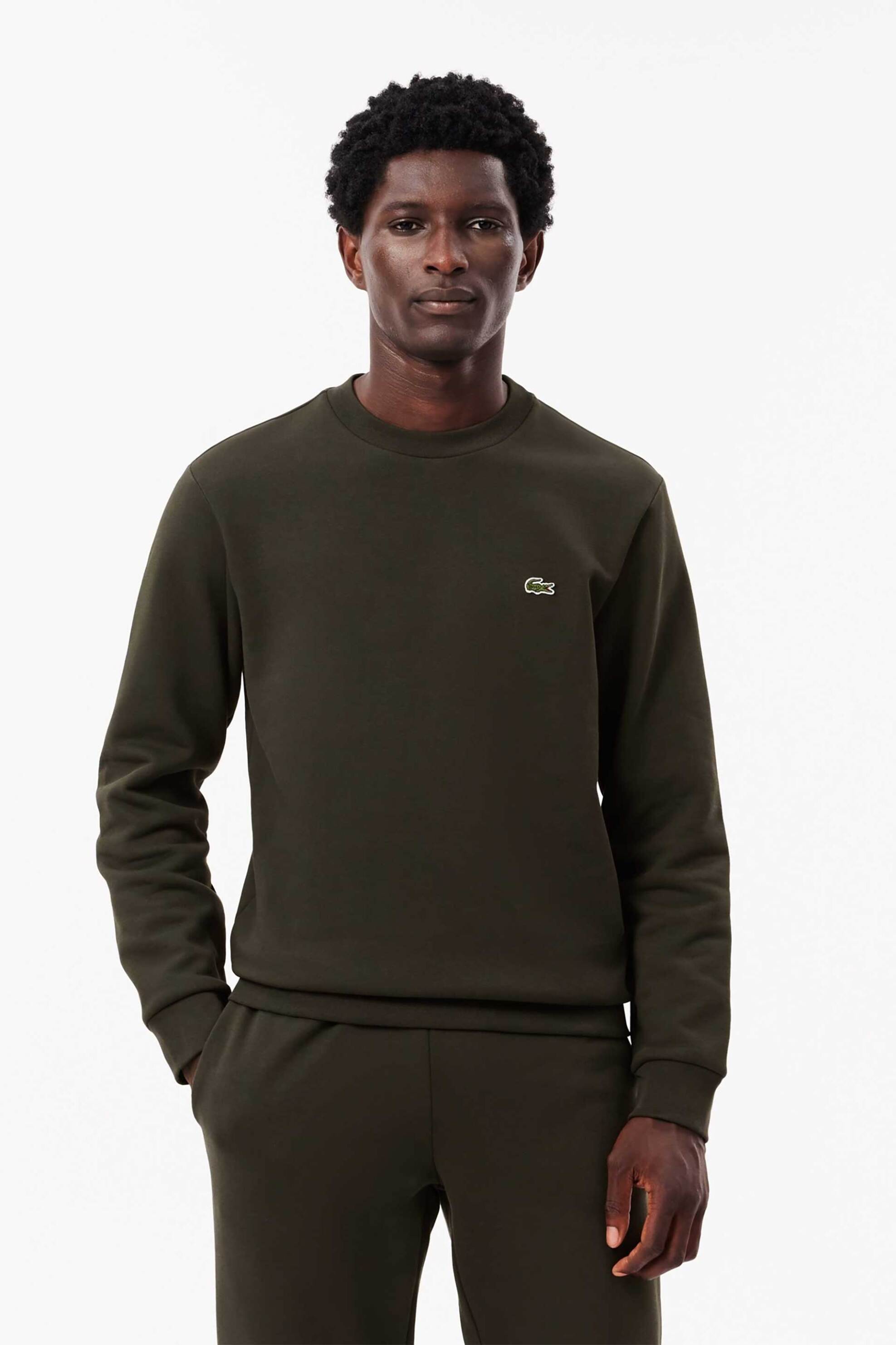 Lacoste ανδρική μπλούζα φούτερ μονόχρωμη με κεντημένο λογότυπο Classic Fit - SH9608 Χακί