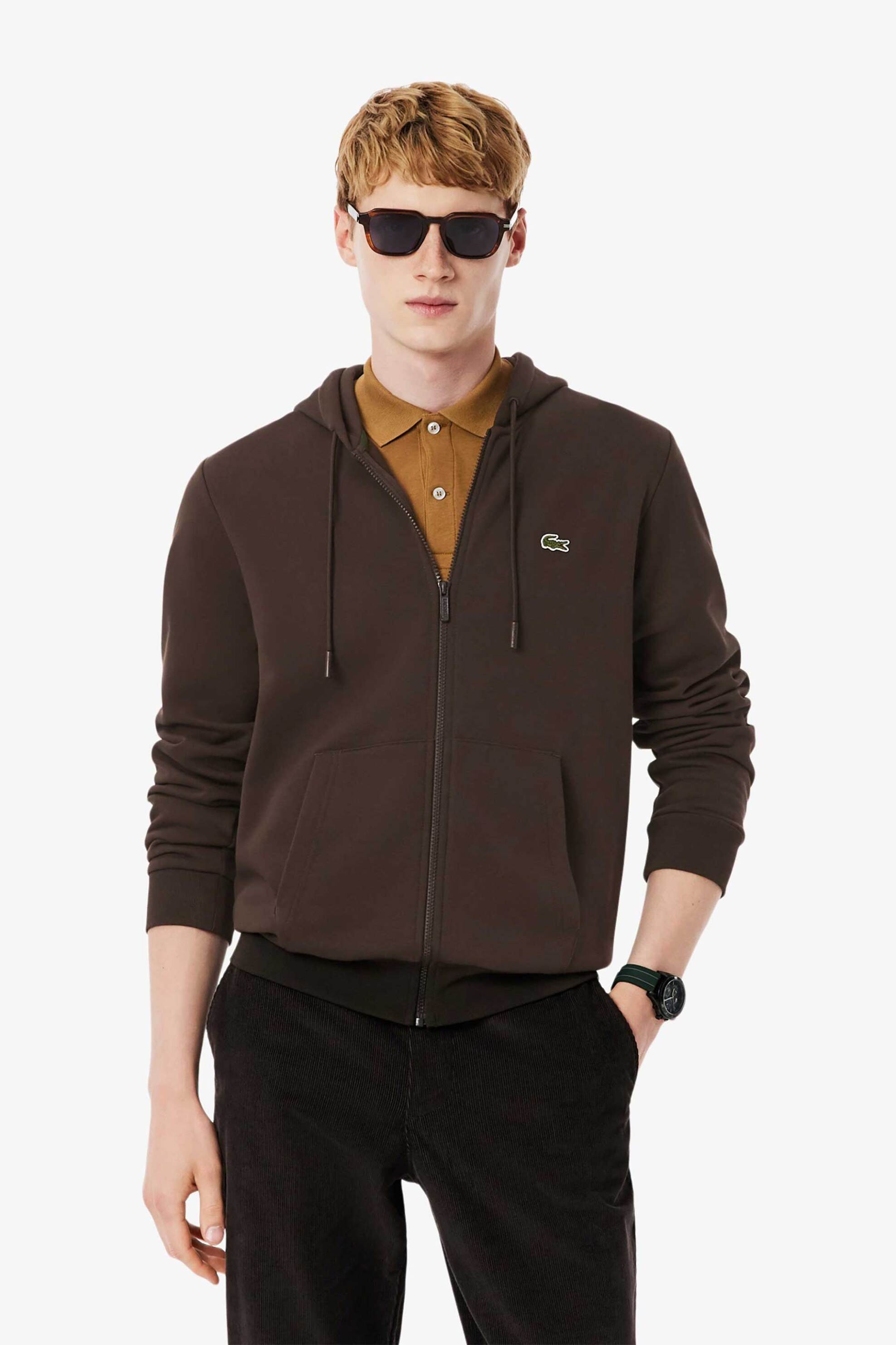 LACOSTE Lacoste ανδρική ζακέτα φούτερ με κουκούλα και κεντημένο λογότυπο Classic Fit - SH9626 Καφέ