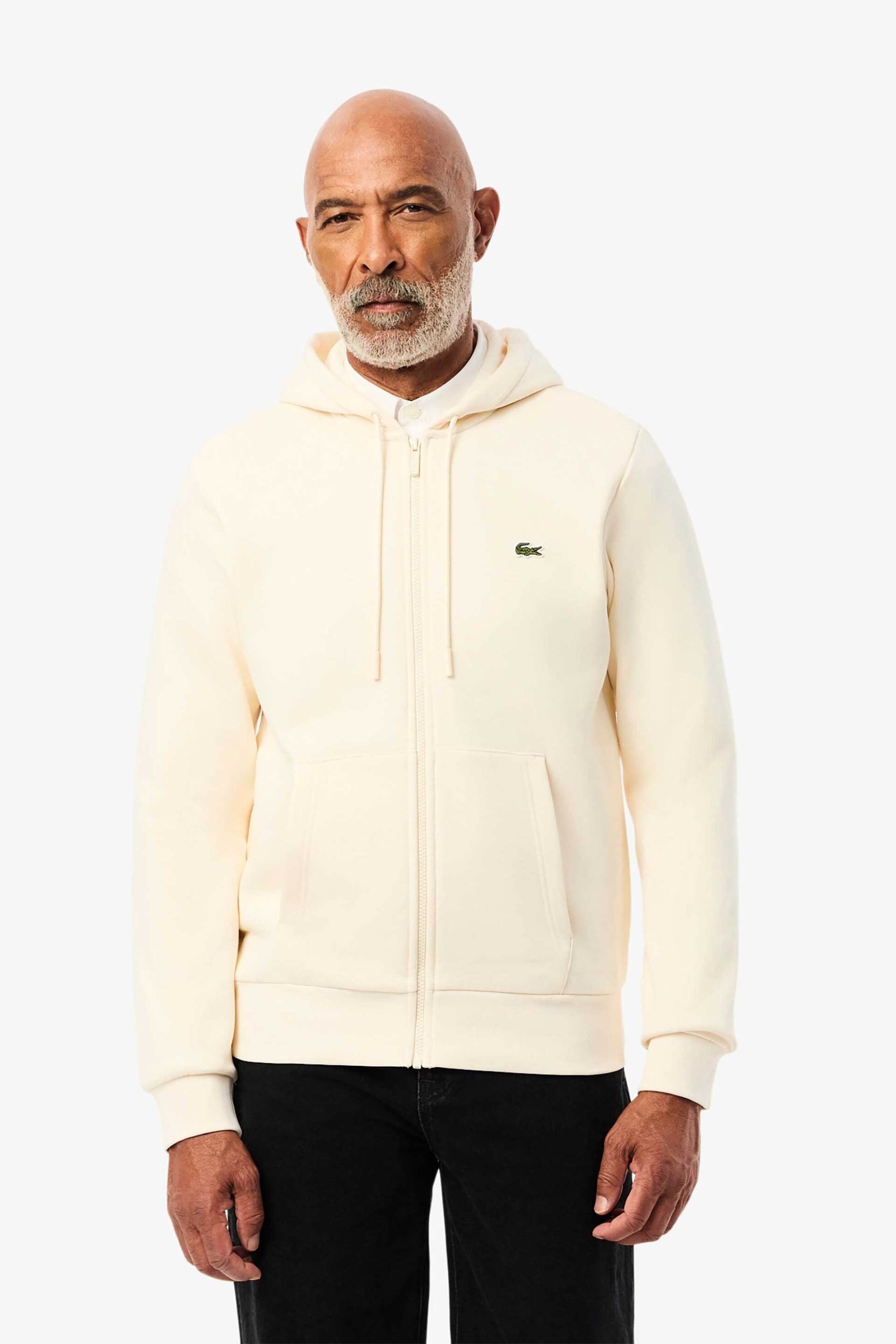 Lacoste ανδρική ζακέτα φούτερ με κουκούλα και κεντημένο λογότυπο Classic Fit - SH9626 Εκρού