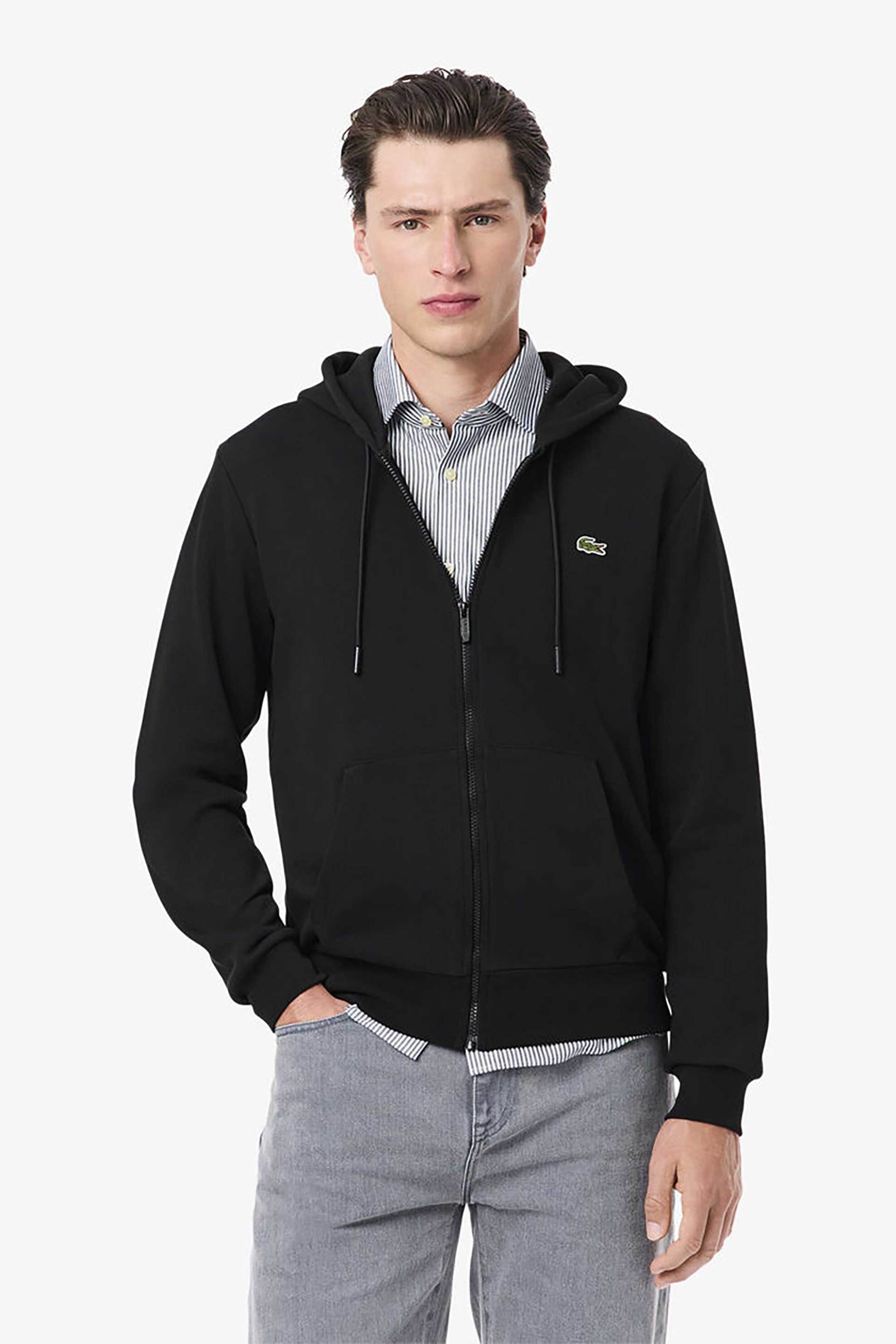 Lacoste ανδρική ζακέτα φούτερ με κουκούλα και κεντημένο λογότυπο Classic Fit - SH9809-00 Μαύρο