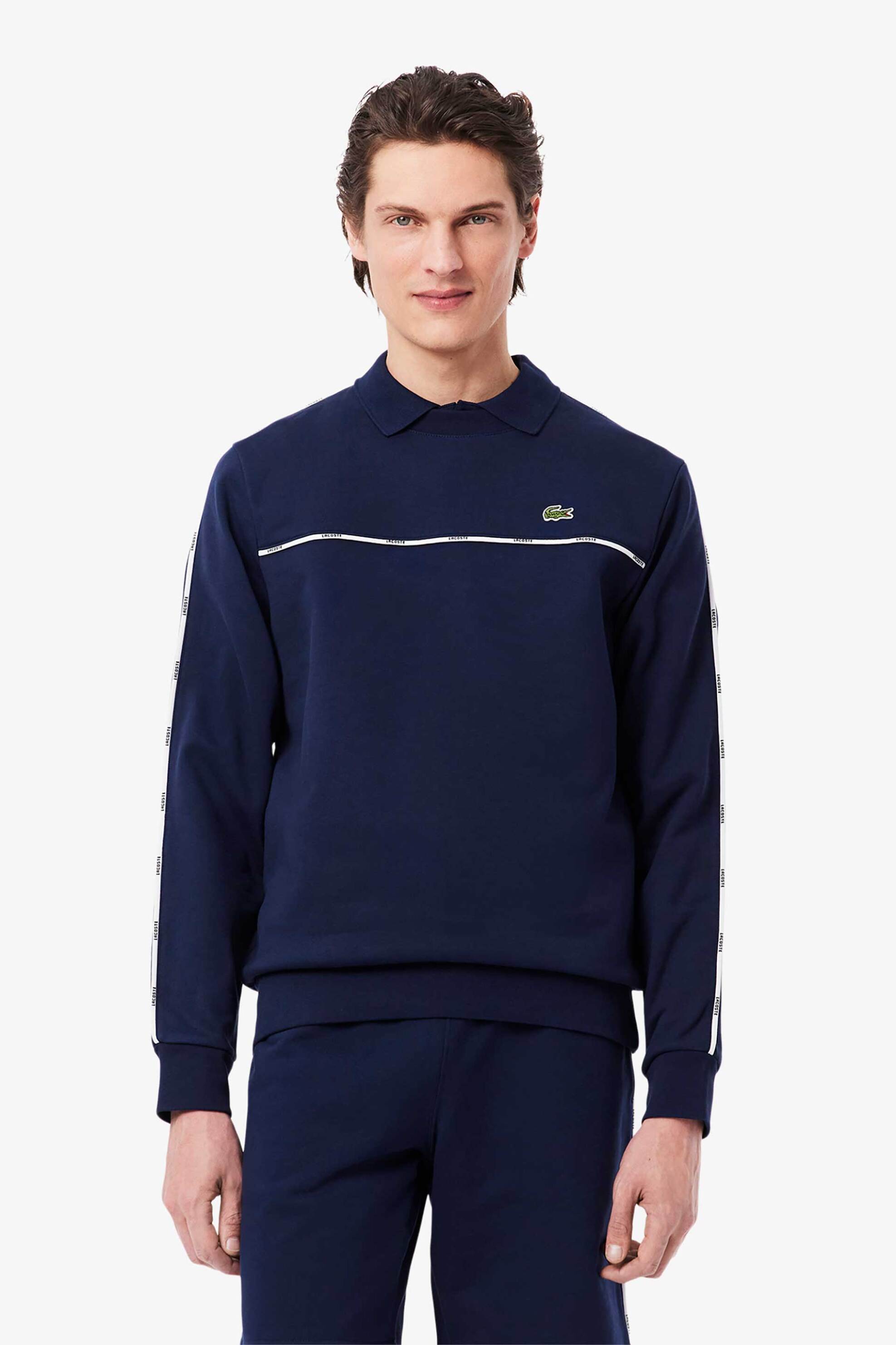 Lacoste ανδρική μπλούζα φούτερ με contrast ρίγα με logo tape και κεντημένο λογότυπο Classic Fit - SH9818-00 Μπλε Σκούρο