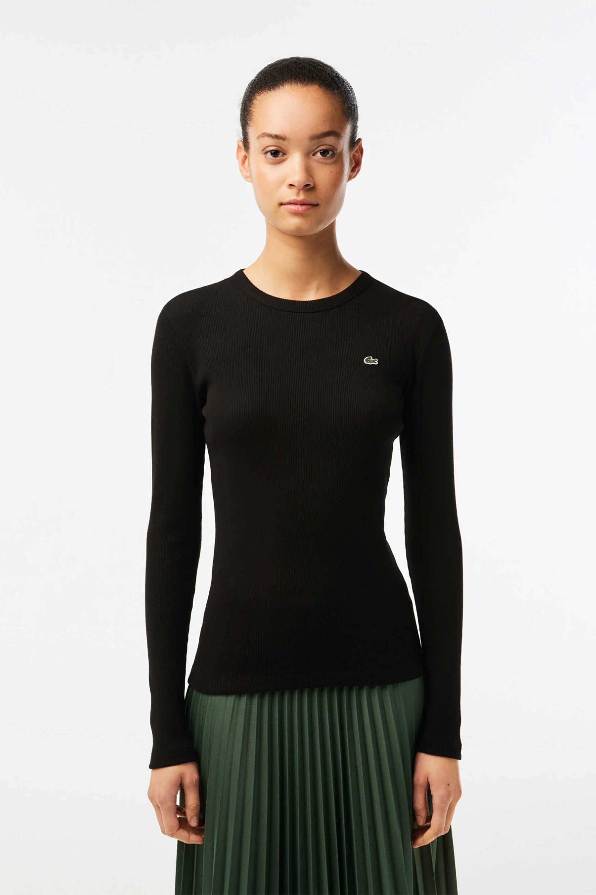 LACOSTE Lacoste γυναικεία μπλούζα ribbed με κεντημένο λογότυπο Slim Fit - TF1692 Μαύρο
