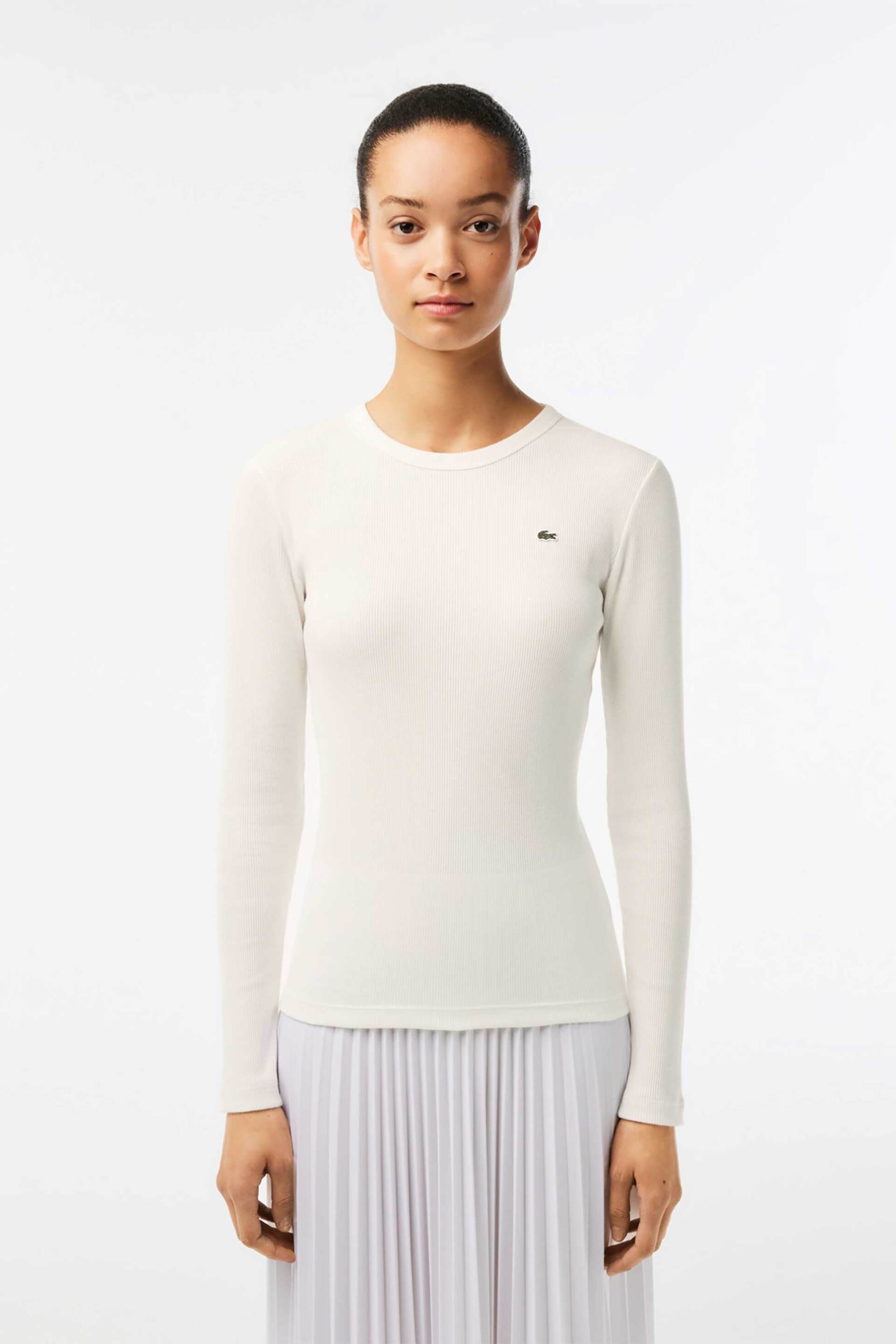 LACOSTE Lacoste γυναικεία μπλούζα ribbed με κεντημένο λογότυπο Slim Fit - TF1692 Λευκό