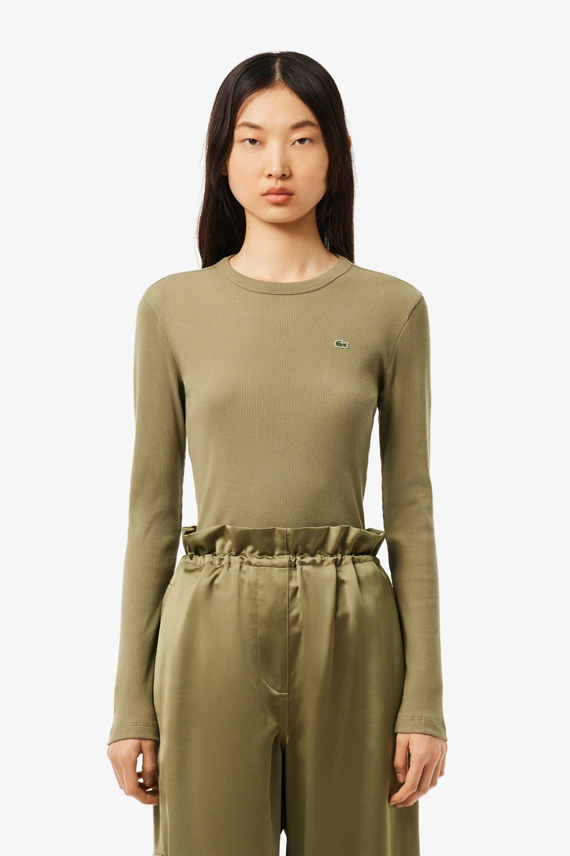 Lacoste γυναικεία μπλούζα ribbed με κεντημένο λογότυπο Slim Fit - TF1692 Λαδί