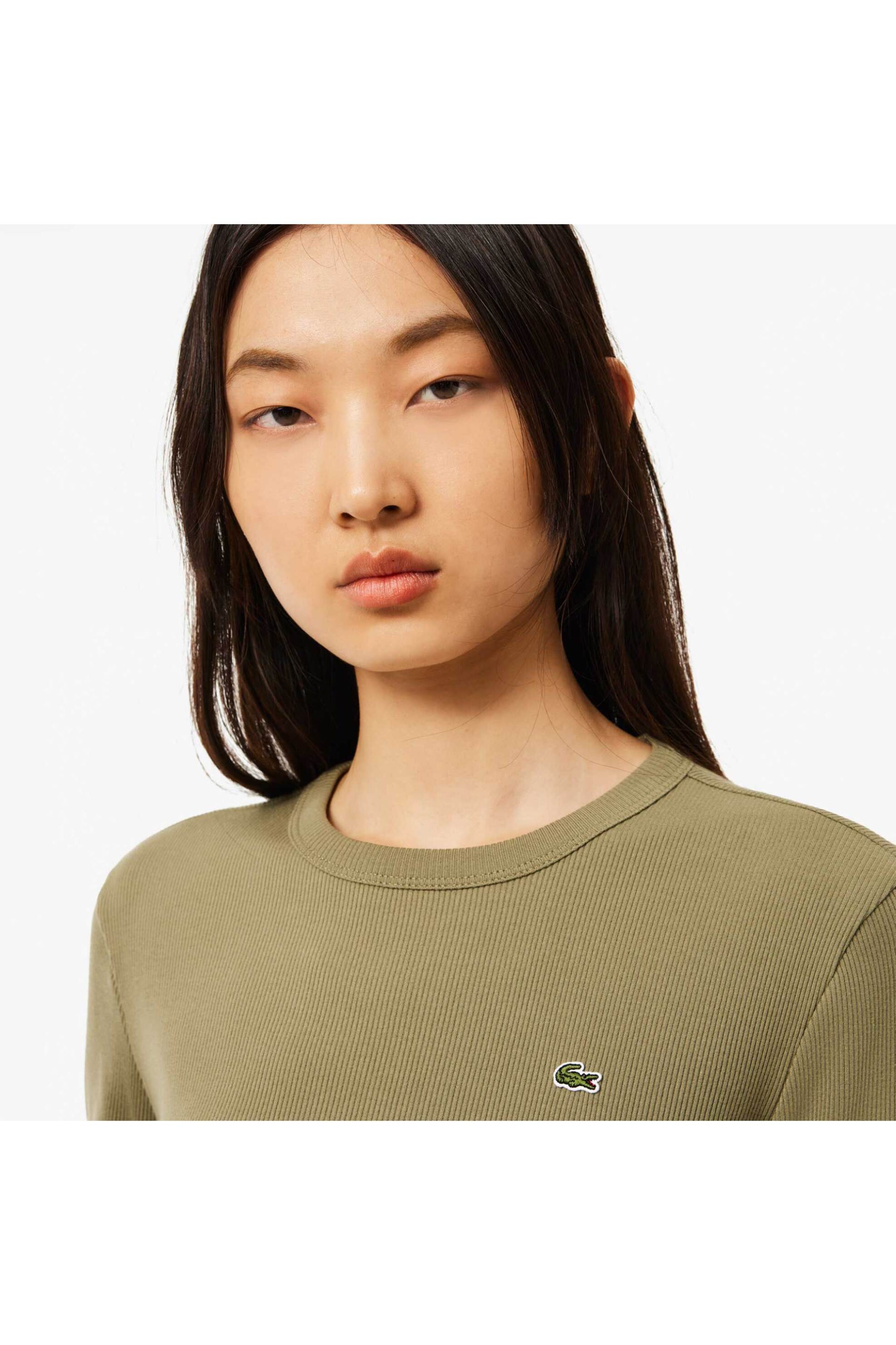 Lacoste γυναικεία μπλούζα ribbed με κεντημένο λογότυπο Slim Fit - TF1692 Λαδί