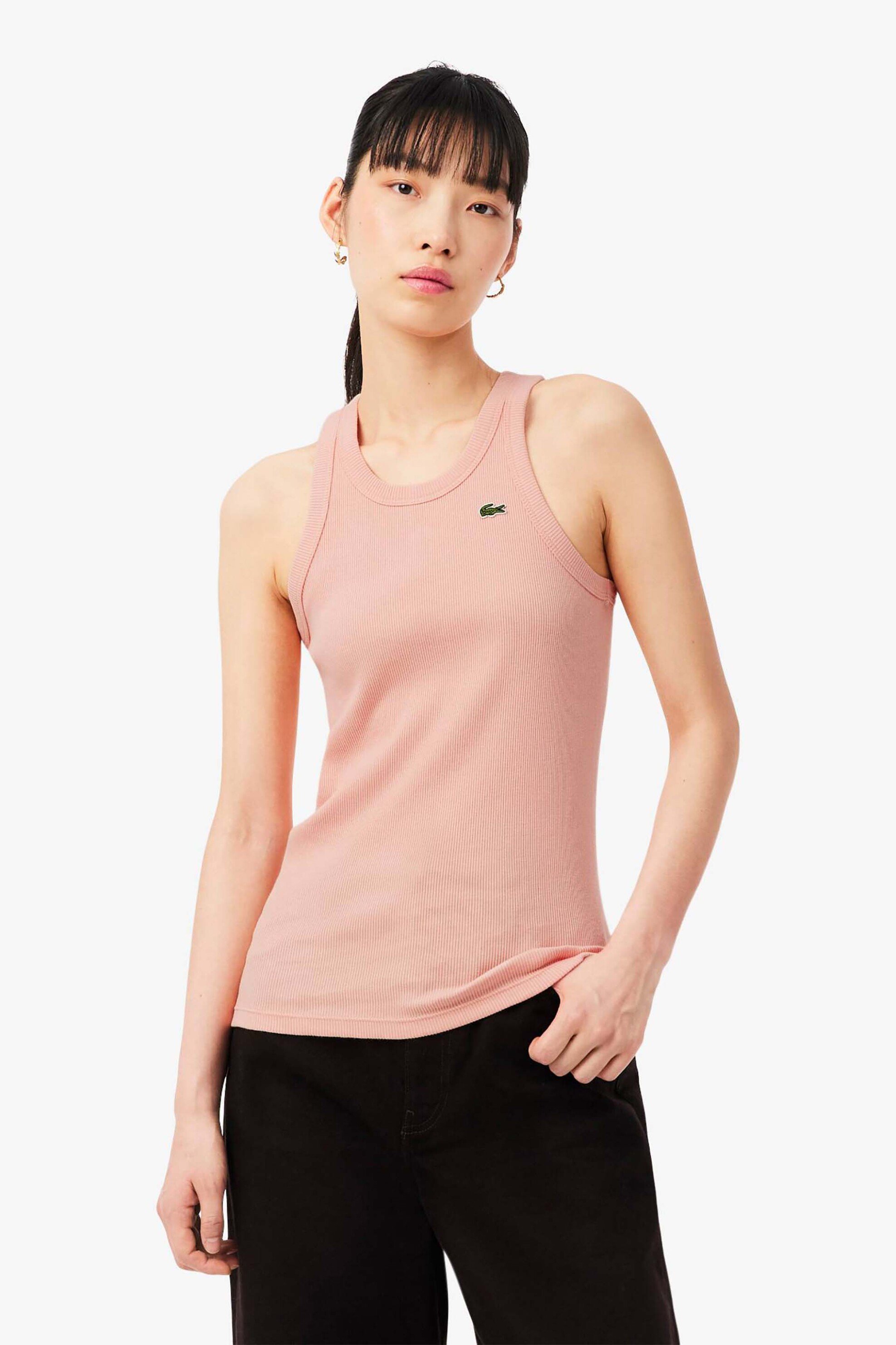 Lacoste γυναικεία μπλούζα αμάνικη ribbed με κεντημένο λογότυπο Slim Fit - TF5388 Σομόν