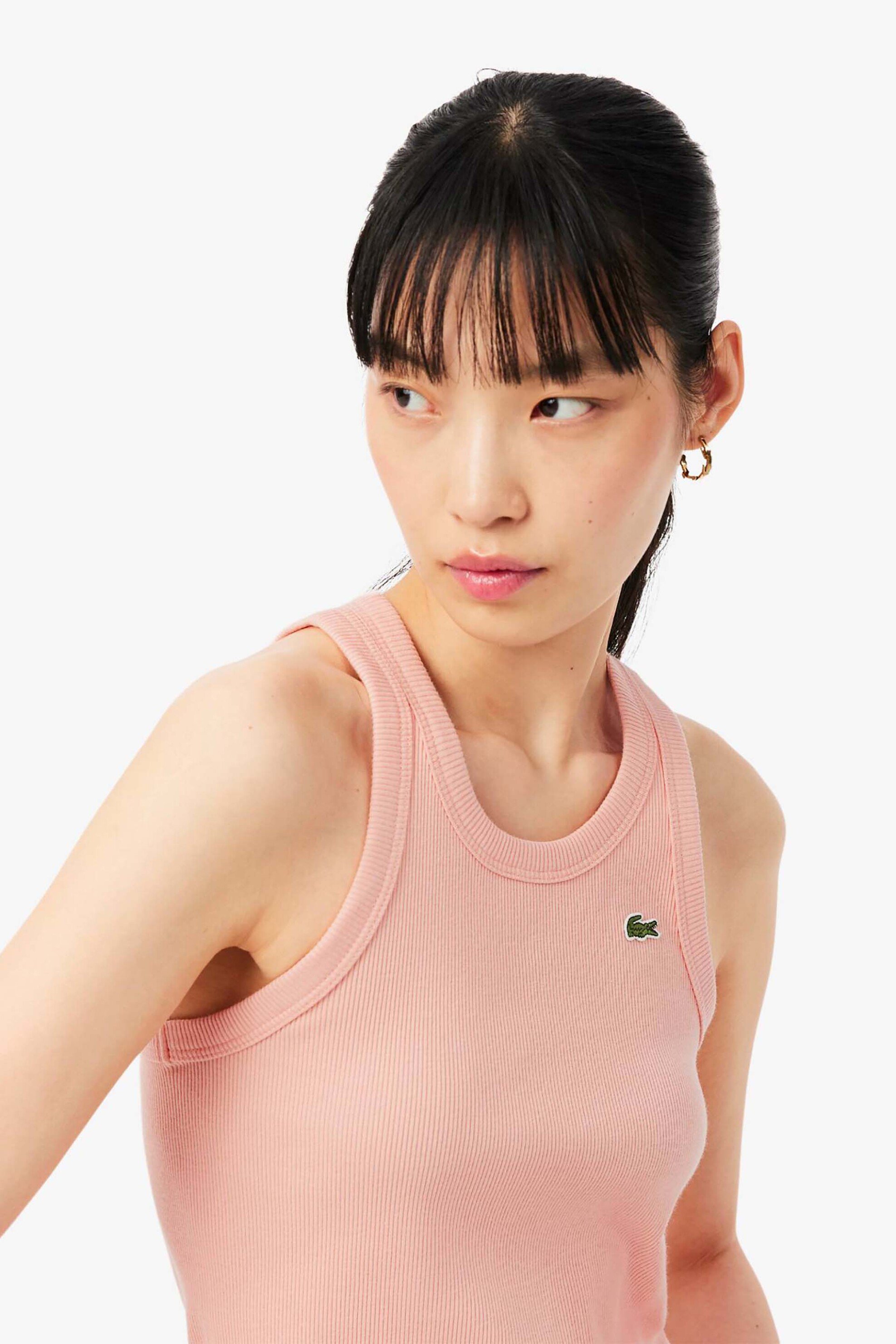 Lacoste γυναικεία μπλούζα αμάνικη ribbed με κεντημένο λογότυπο Slim Fit - TF5388 Σομόν