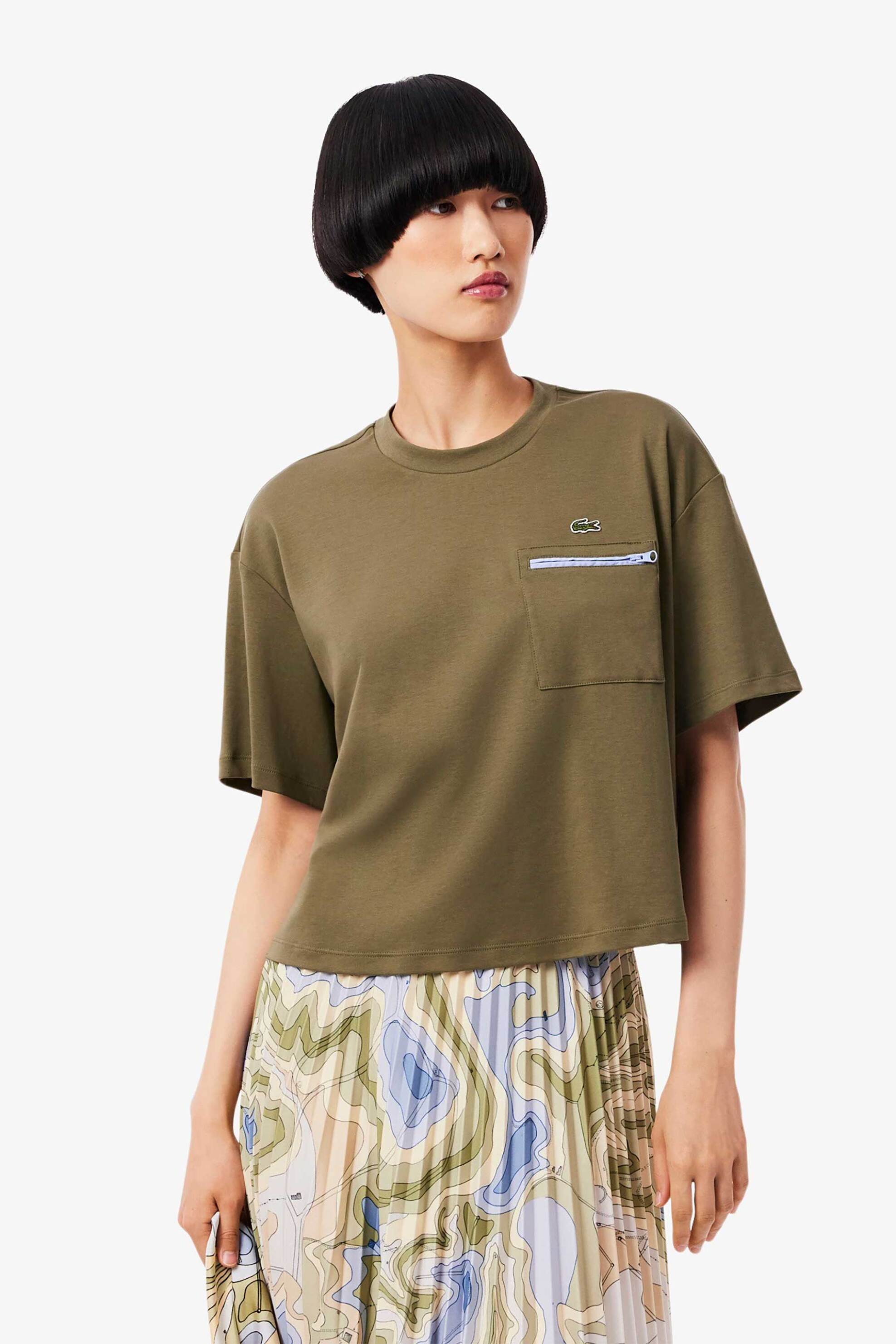 Lacoste γυναικείο T-shirt με τσέπη και κεντημένο λογότυπο Oversized Fit - TF5404-00 Λαδί