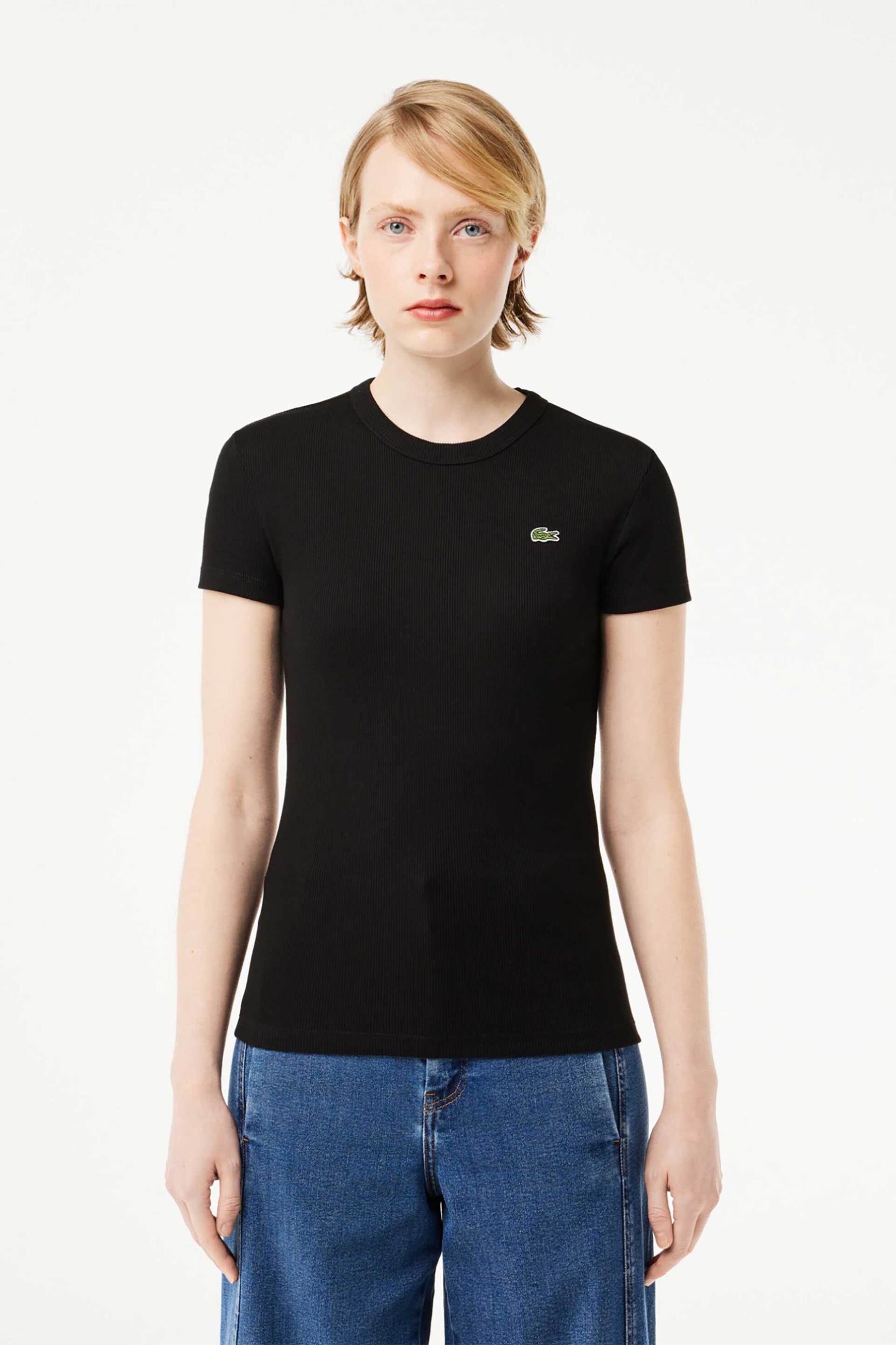 LACOSTE Lacoste γυναικείο T-shirt ribbed με κεντημένο λογότυπο Slim Fit - TF5538 Μαύρο