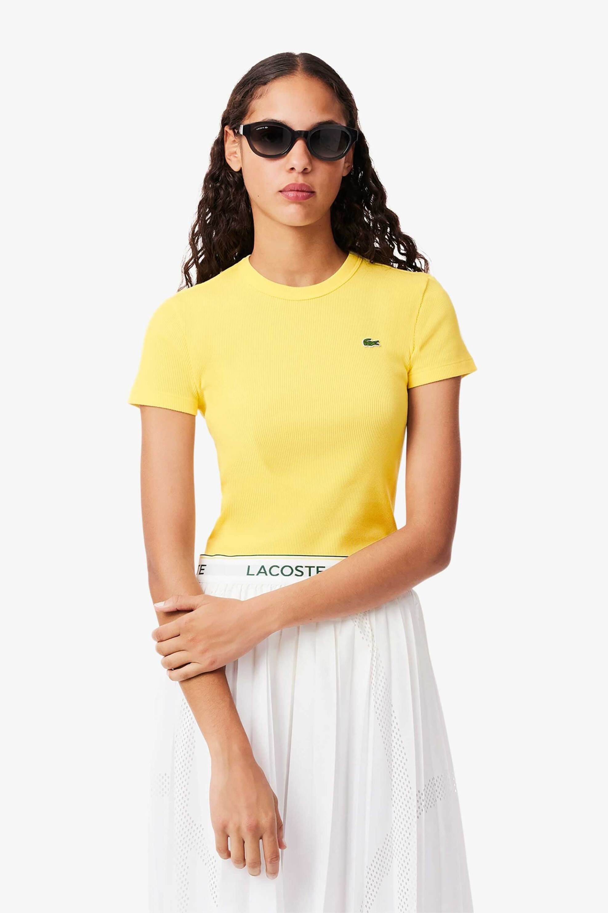Lacoste γυναικείο T-shirt ribbed με κεντημένο λογότυπο Slim Fit - TF5538 Κίτρινο Ανοιχτό