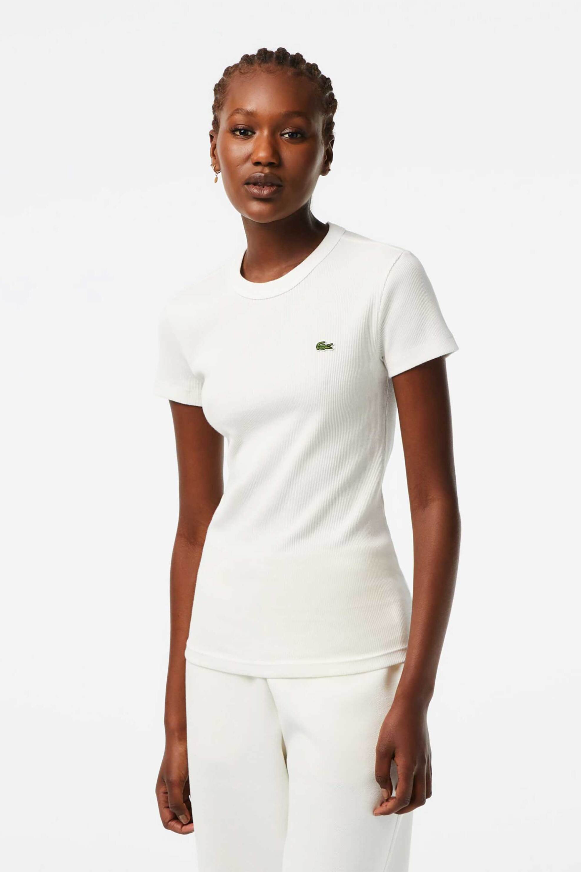 LACOSTE Lacoste γυναικείο T-shirt ribbed με κεντημένο λογότυπο Slim Fit - TF5538 Λευκό