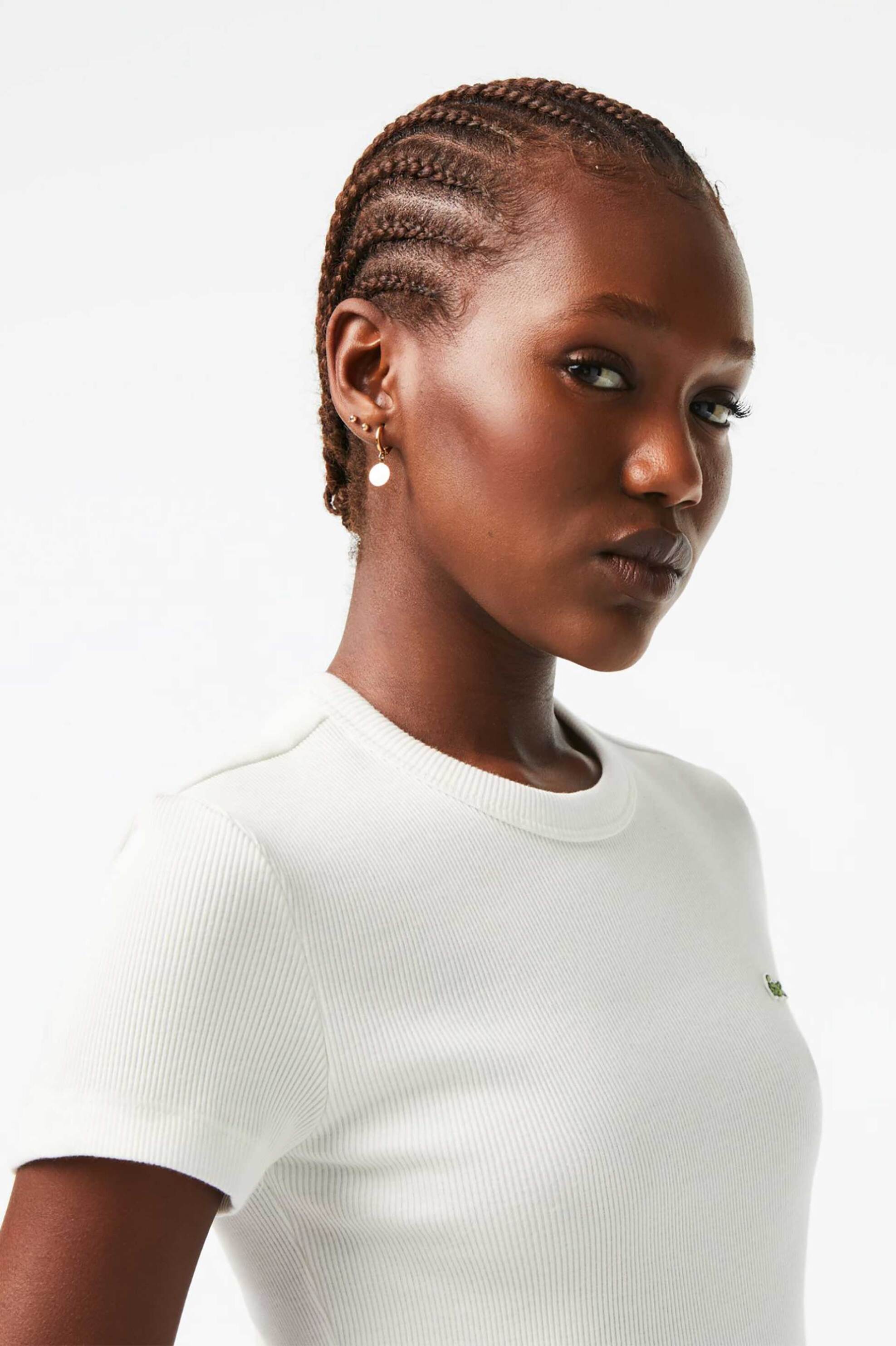 Lacoste γυναικείο T-shirt ribbed με κεντημένο λογότυπο Slim Fit - TF5538 Λευκό φωτογραφία