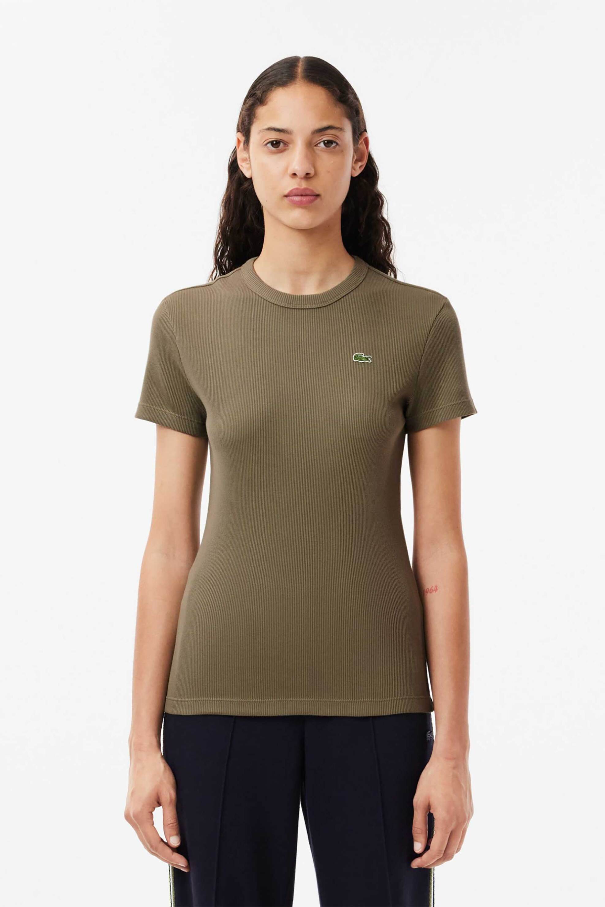 LACOSTE Lacoste γυναικείο T-shirt ribbed με κεντημένο λογότυπο Slim Fit - TF5538 Λαδί