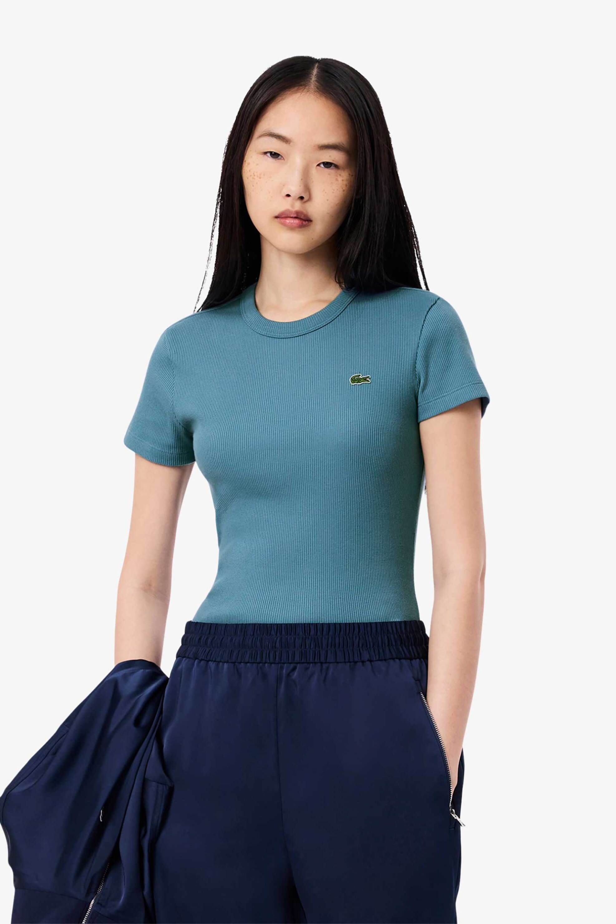 Lacoste γυναικείο T-shirt ribbed με κεντημένο λογότυπο Slim Fit - TF5538 Μπλε Steel