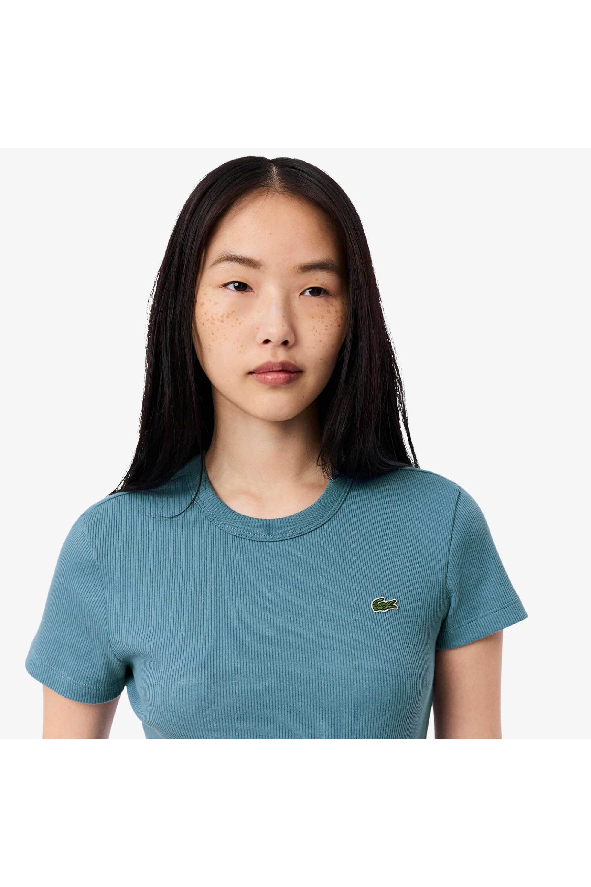 Lacoste γυναικείο T-shirt ribbed με κεντημένο λογότυπο Slim Fit - TF5538 Μπλε Steel