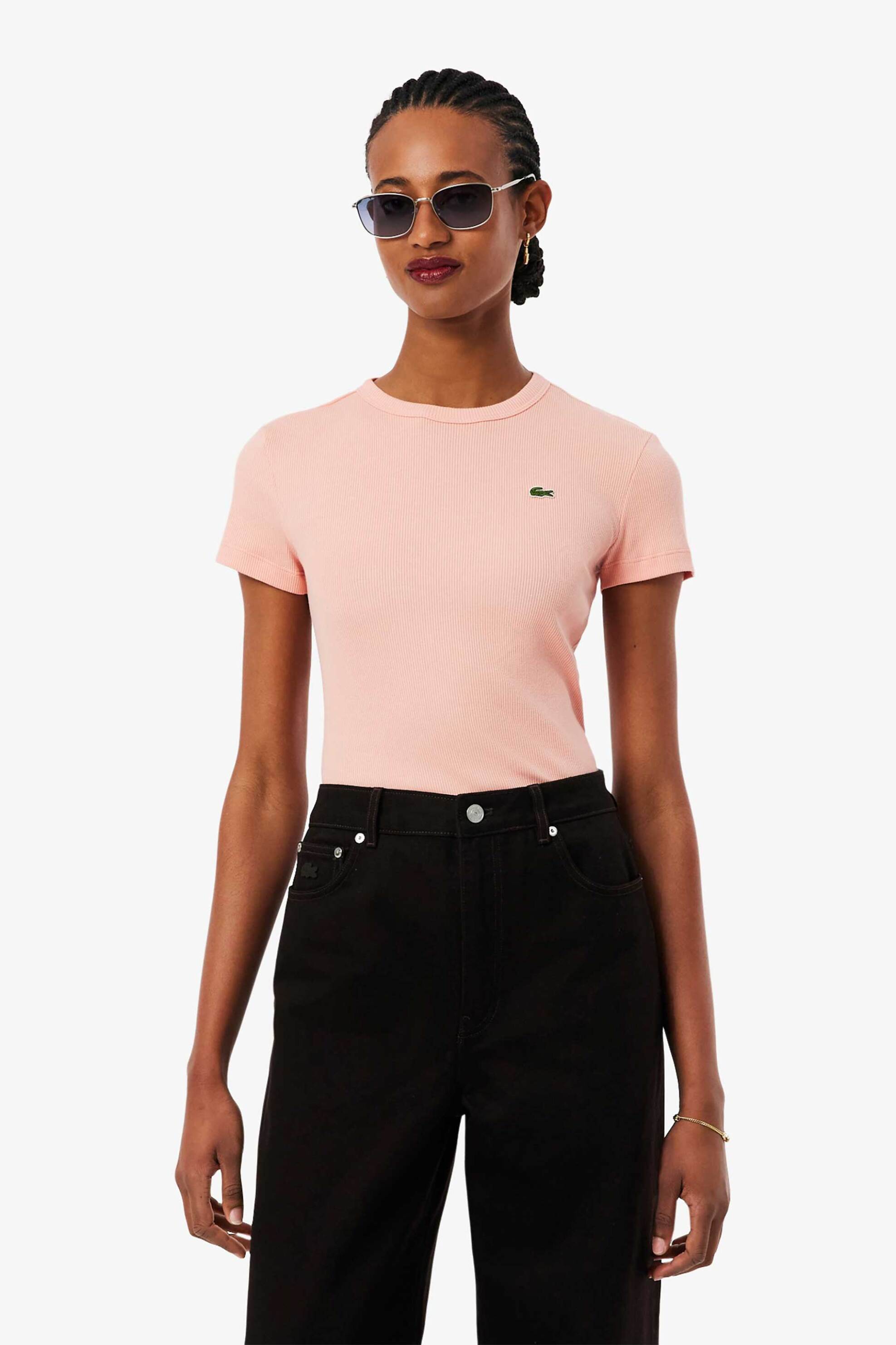 Lacoste Lacoste γυναικείο T-shirt ribbed με κεντημένο λογότυπο Slim Fit - TF5538 Σομόν