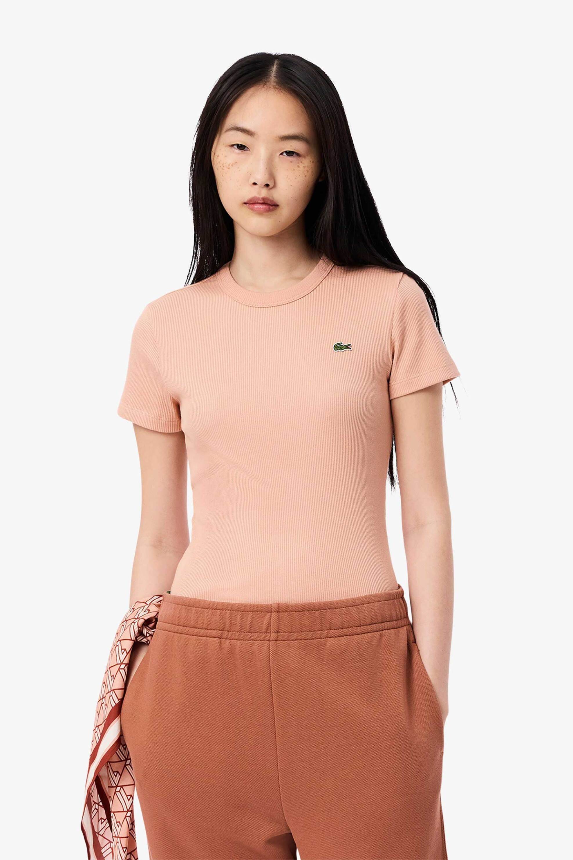 LACOSTE Lacoste γυναικείο T-shirt ribbed με κεντημένο λογότυπο Slim Fit - TF5538 Καφέ Latte