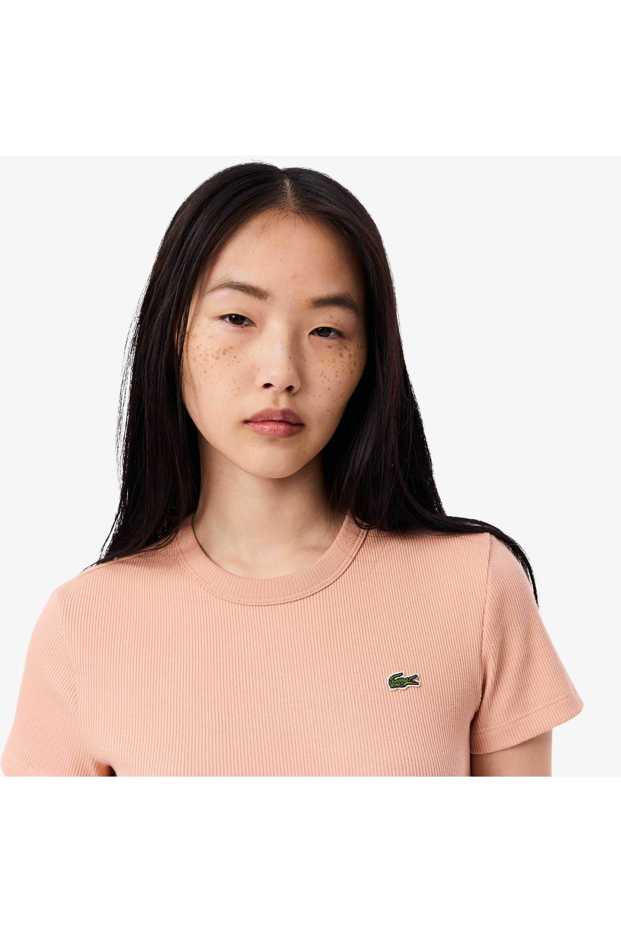 Lacoste γυναικείο T-shirt ribbed με κεντημένο λογότυπο Slim Fit - TF5538 Καφέ Latte φωτογραφία