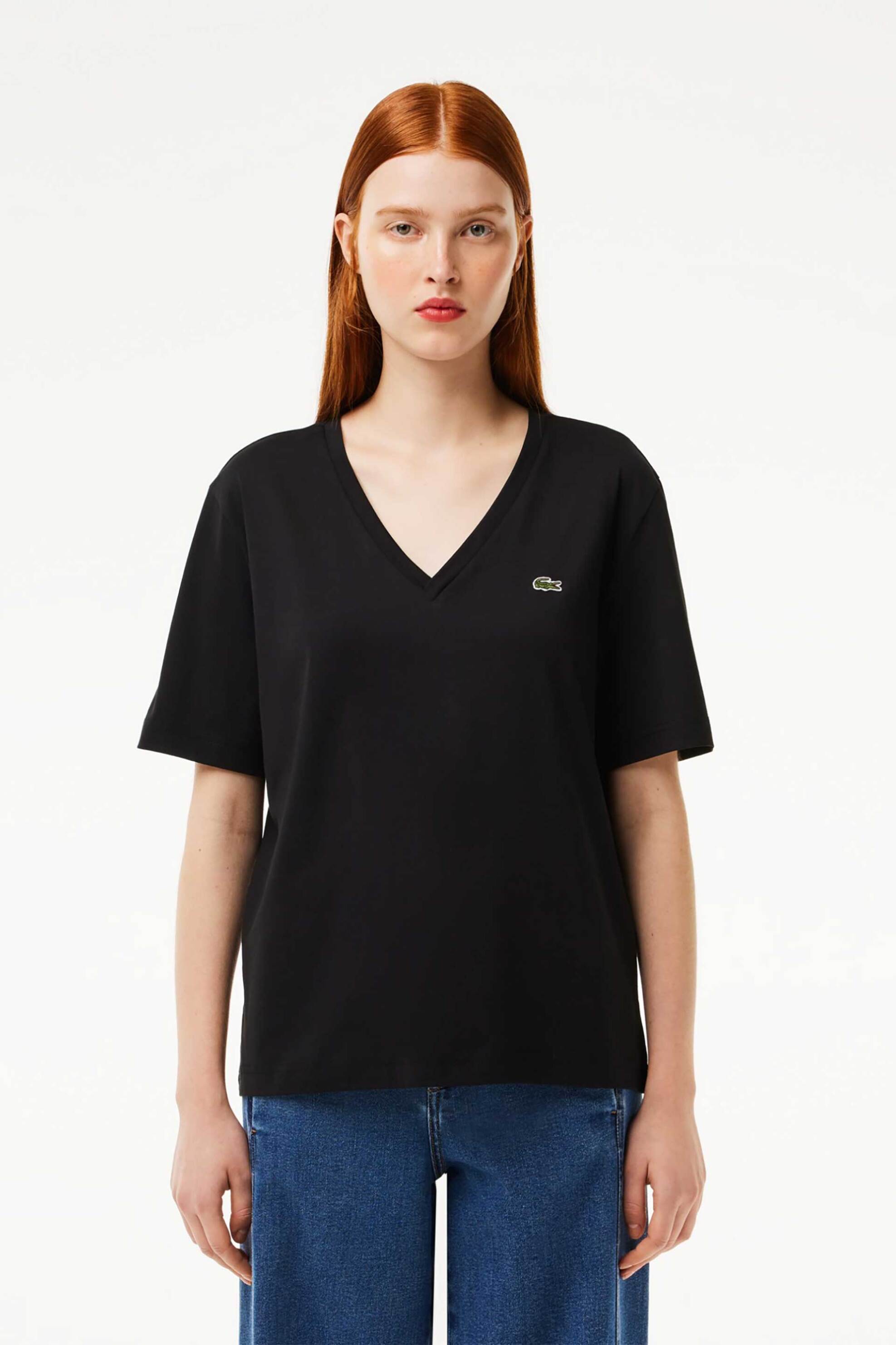 Lacoste Lacoste γυναικείο T-shirt με κεντημένο λογότυπο και V λαιμόκοψη Relaxed Fit - TF7300 Μαύρο
