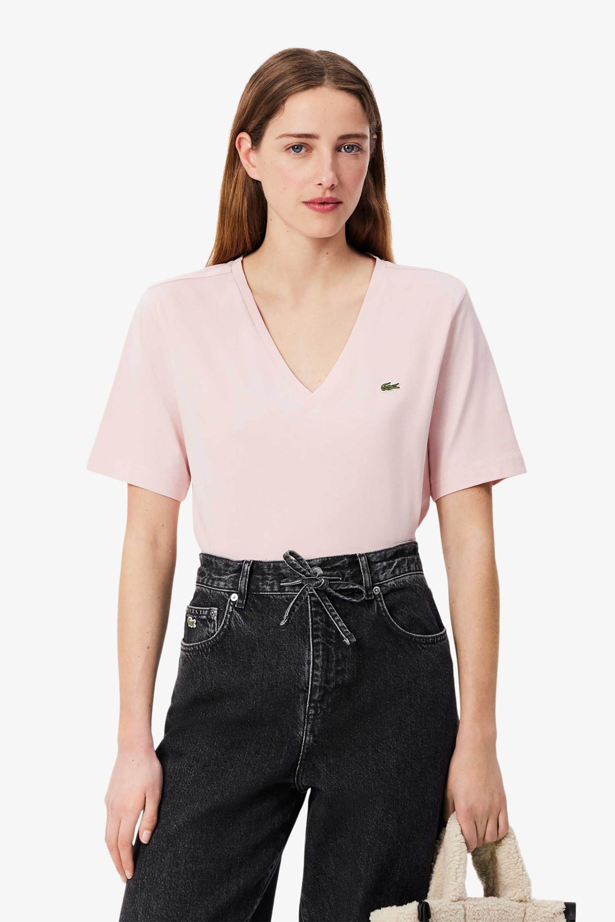 Lacoste Lacoste γυναικείο T-shirt με κεντημένο λογότυπο και V λαιμόκοψη Relaxed Fit - TF7300 Ροζ Ανοιχτό