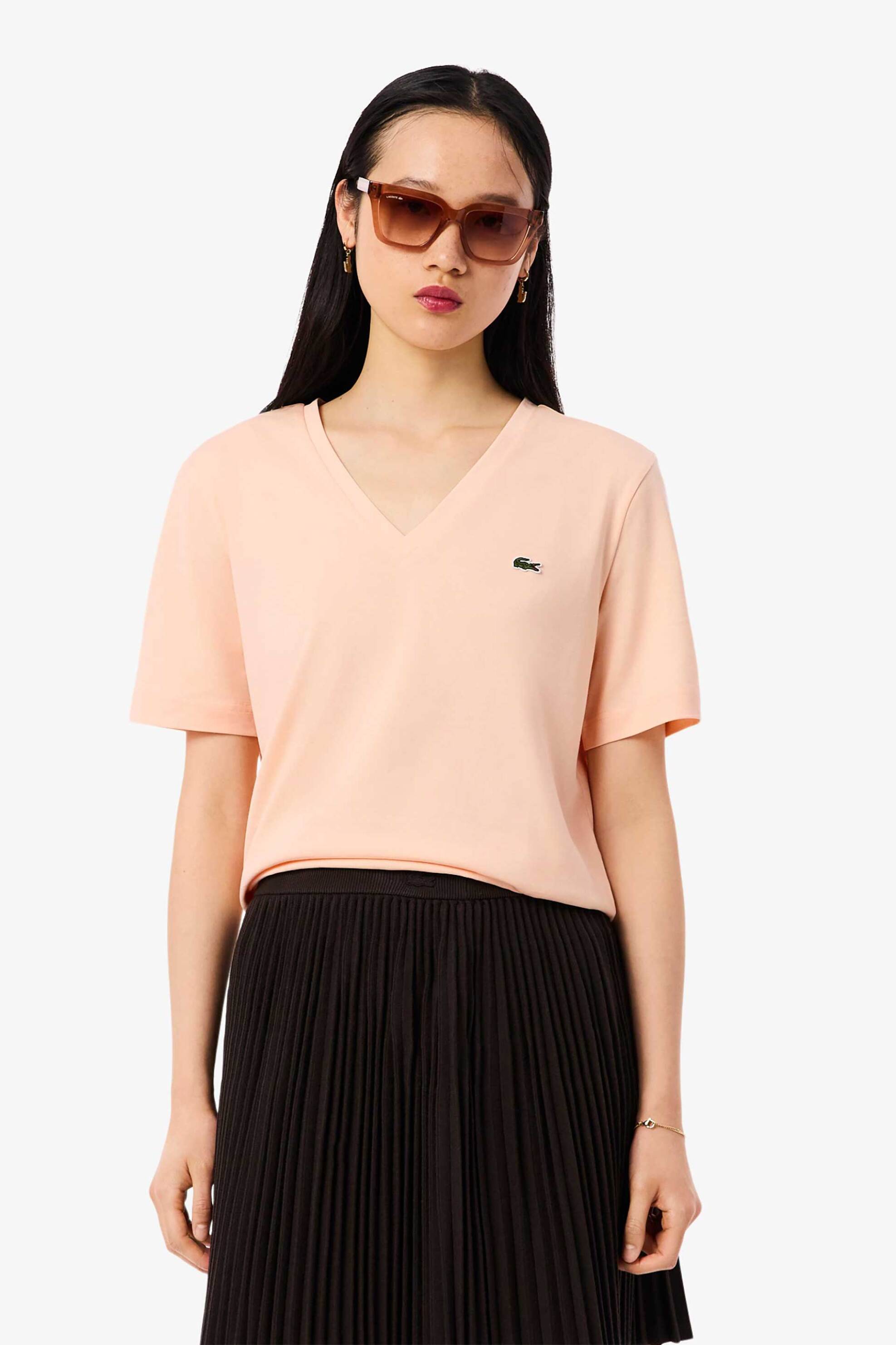 Lacoste Lacoste γυναικείο T-shirt με κεντημένο λογότυπο και V λαιμόκοψη Relaxed Fit - TF7300 Σομόν