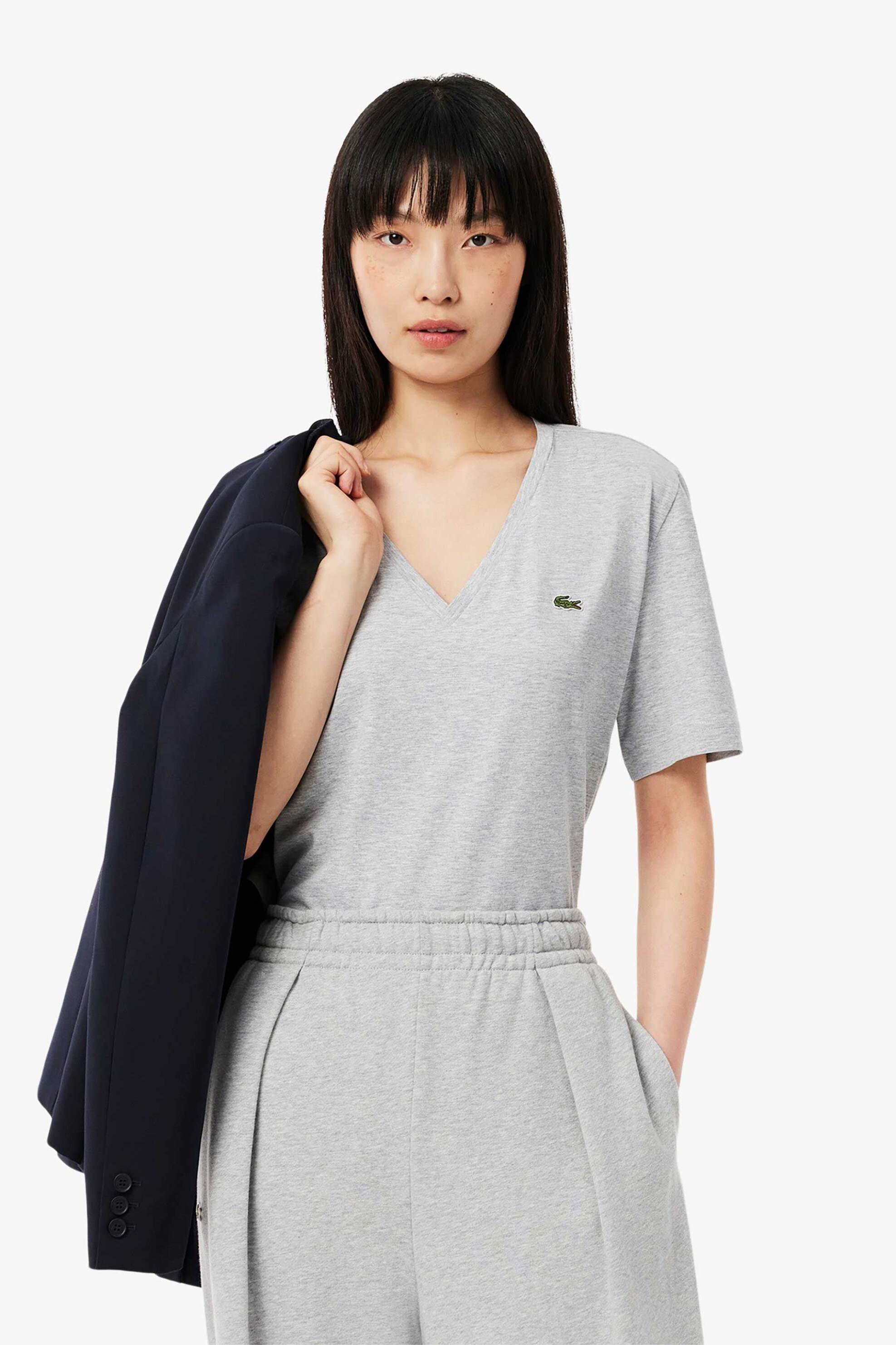 Lacoste Lacoste γυναικείο T-shirt με κεντημένο λογότυπο και V λαιμόκοψη Relaxed Fit - TF7300 Γκρι