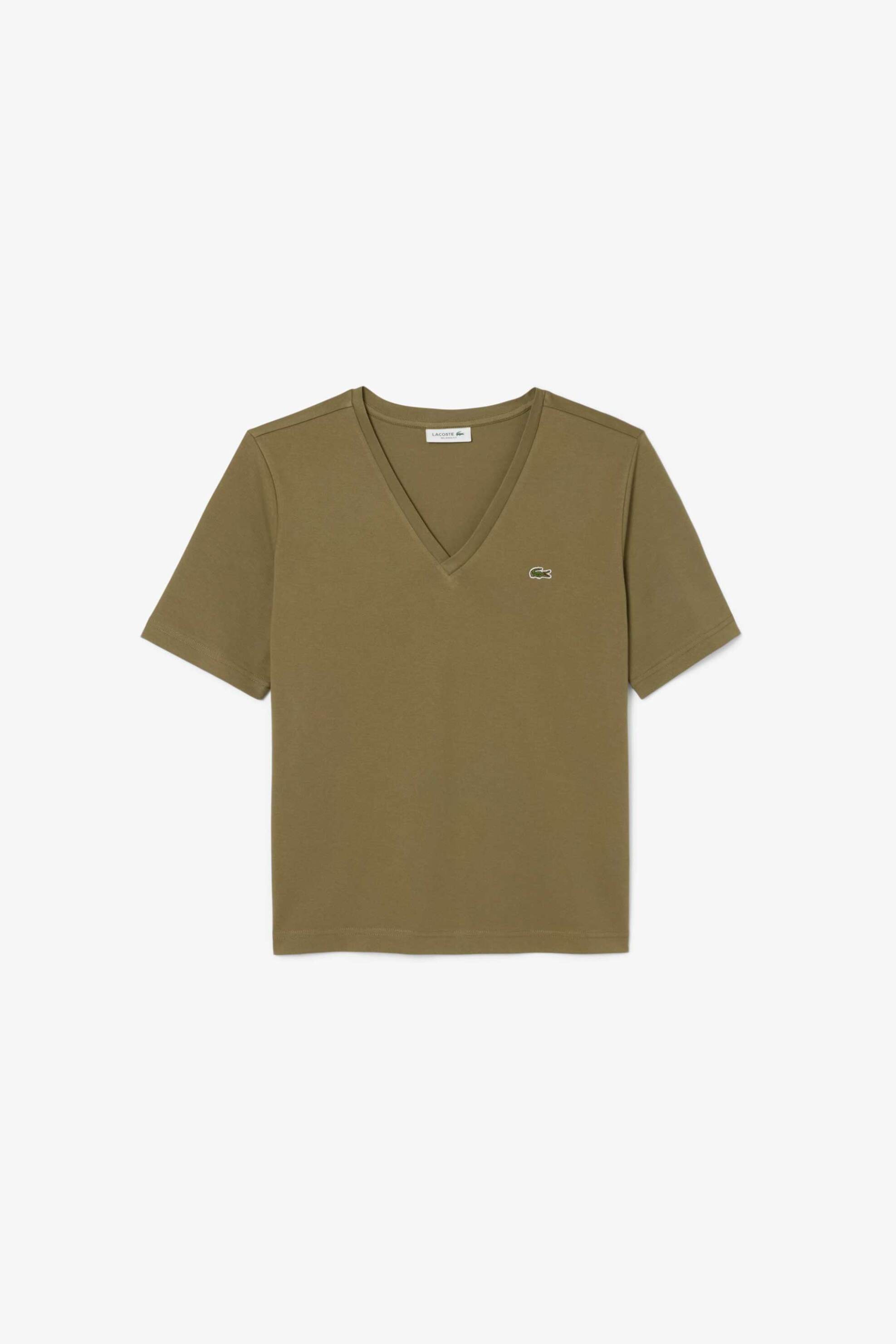 LACOSTE Lacoste γυναικείο T-shirt με κεντημένο λογότυπο και V λαιμόκοψη Relaxed Fit - TF7300 Λαδί