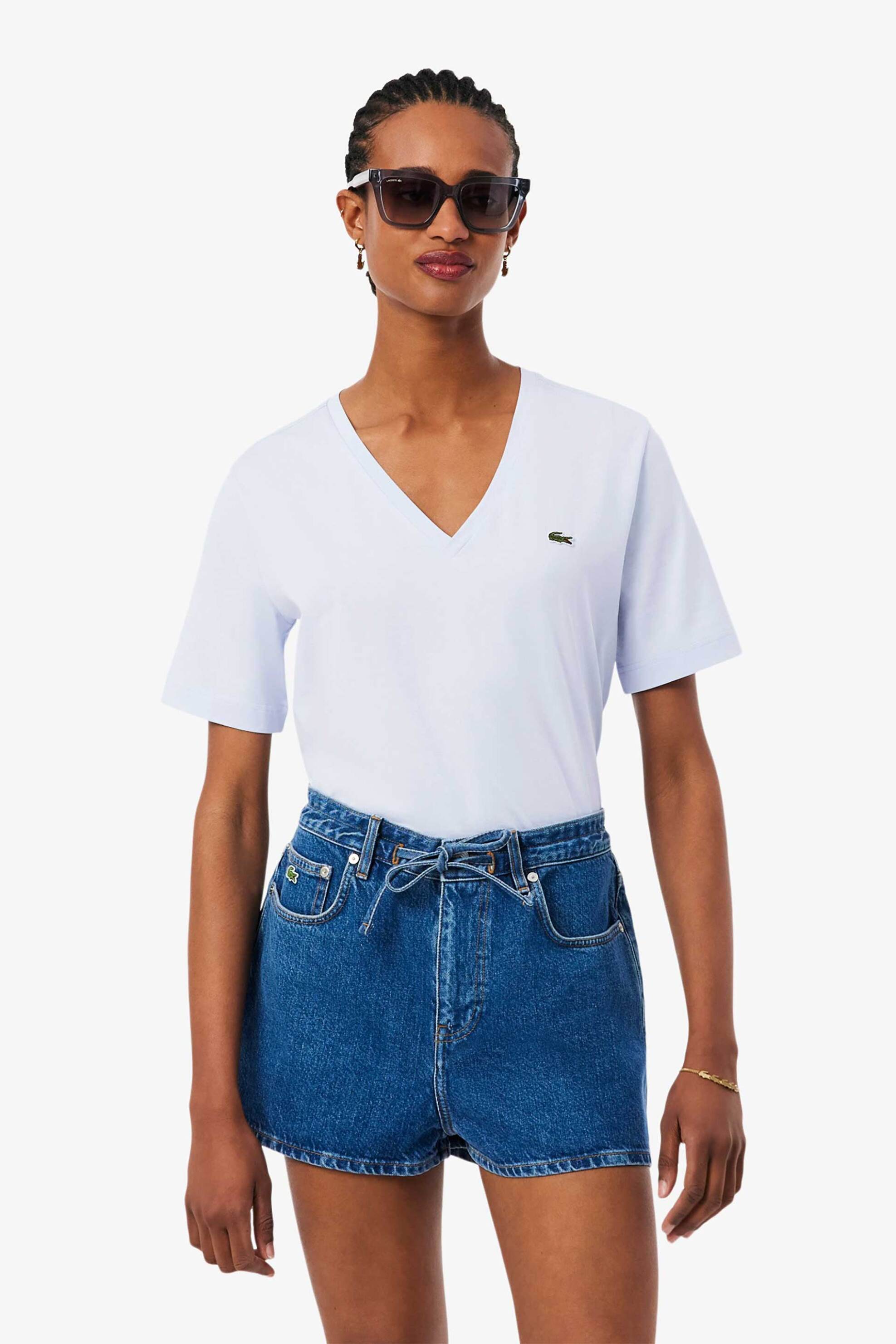 Lacoste Lacoste γυναικείο T-shirt με κεντημένο λογότυπο και V λαιμόκοψη Relaxed Fit - TF7300 Σιελ